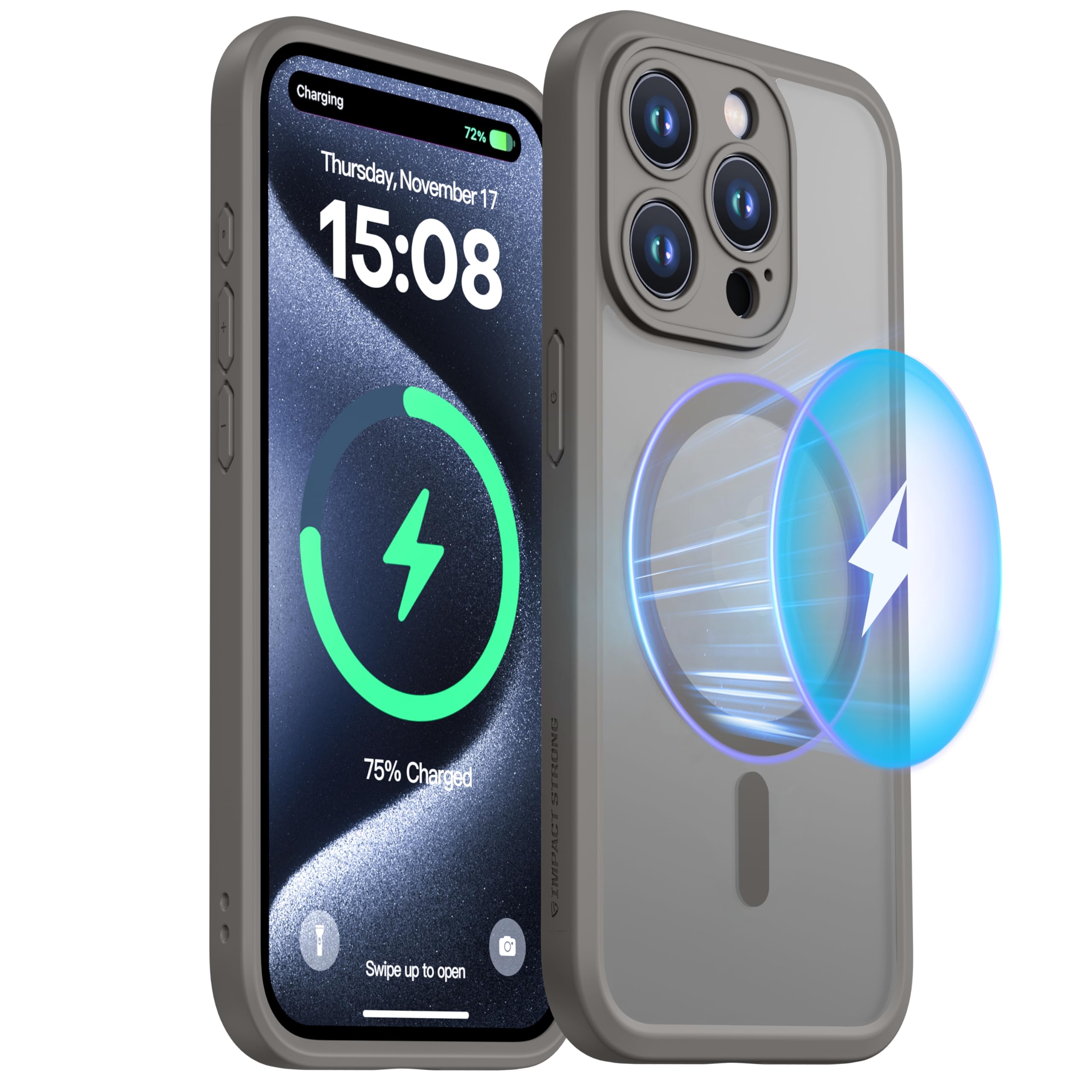 ImpactStrongPhone Case Designed for iPhone 15 Pro Gray | Magnetic Guard, Camera Protection, Military Grade Drop Tested, Compatible with MagSafe, Slim, Translucent, Matte, 6.1"