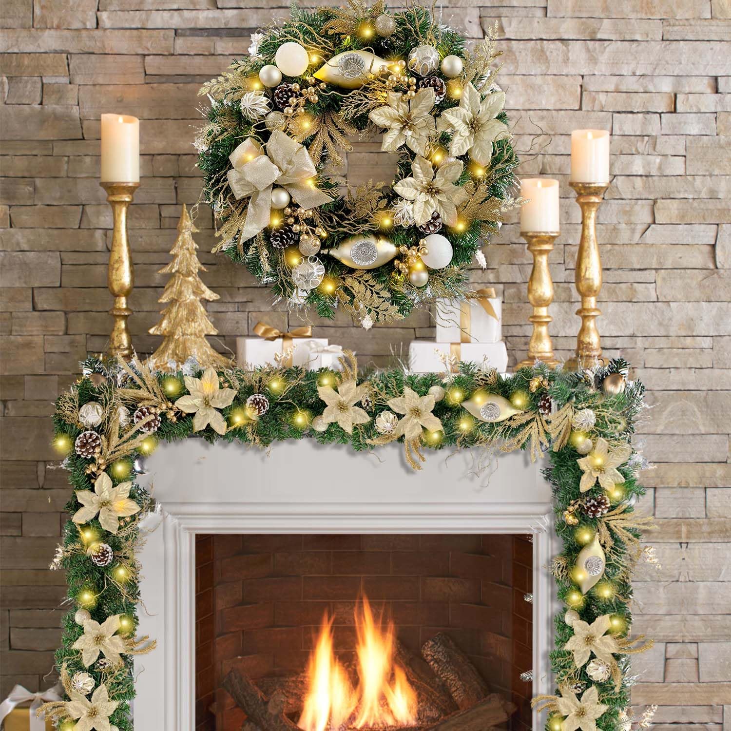 Ghirlanda Natalizia Pre-illuminata 2,7 M, Con 50 Luci LED Bianco Caldo, Palline Oro, Fiocchi E Pigne, Per Porta E Camino