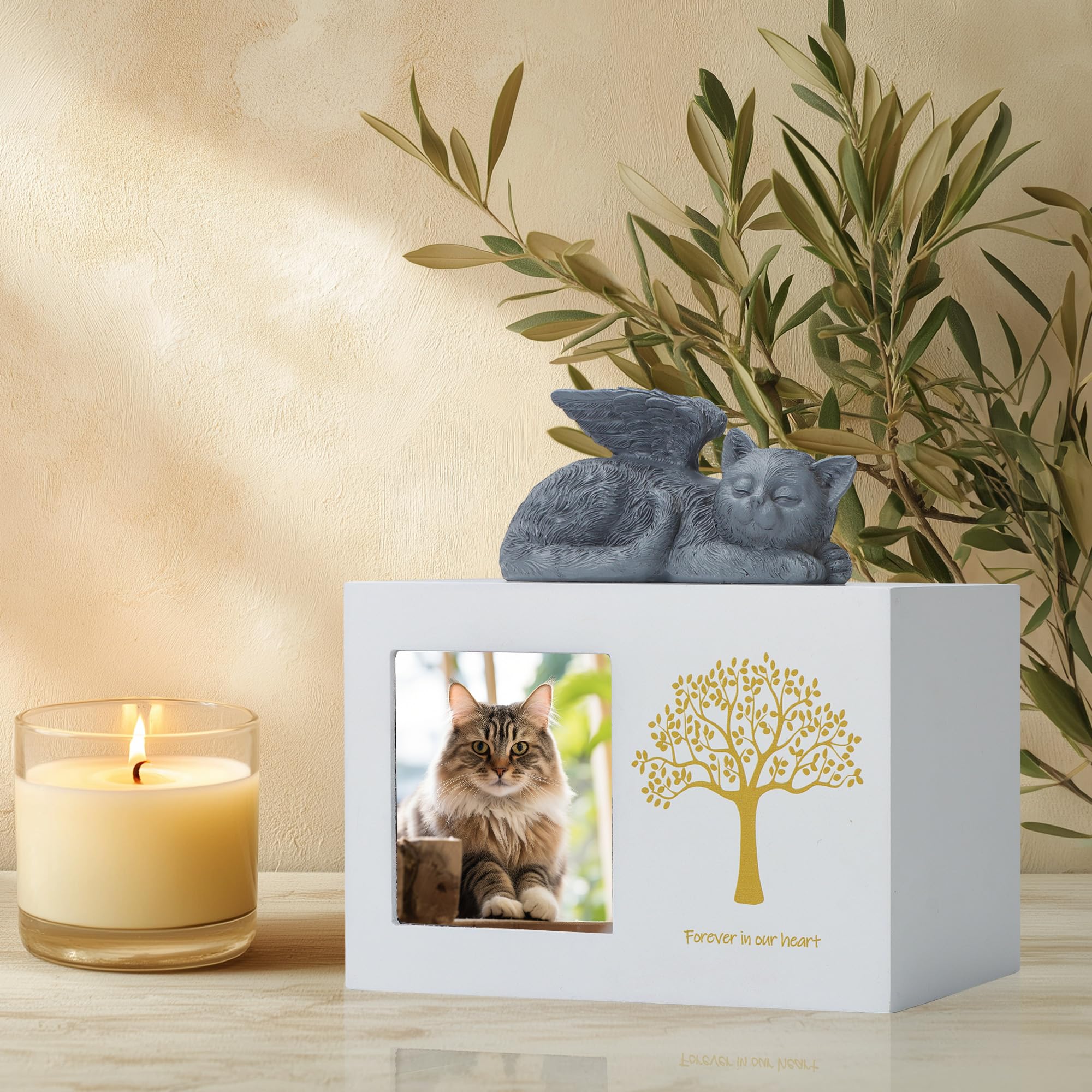Scatole di cremazione per animali domestici, urna bianca in legno, con statua di angelo di gatto in resina e sacchetto