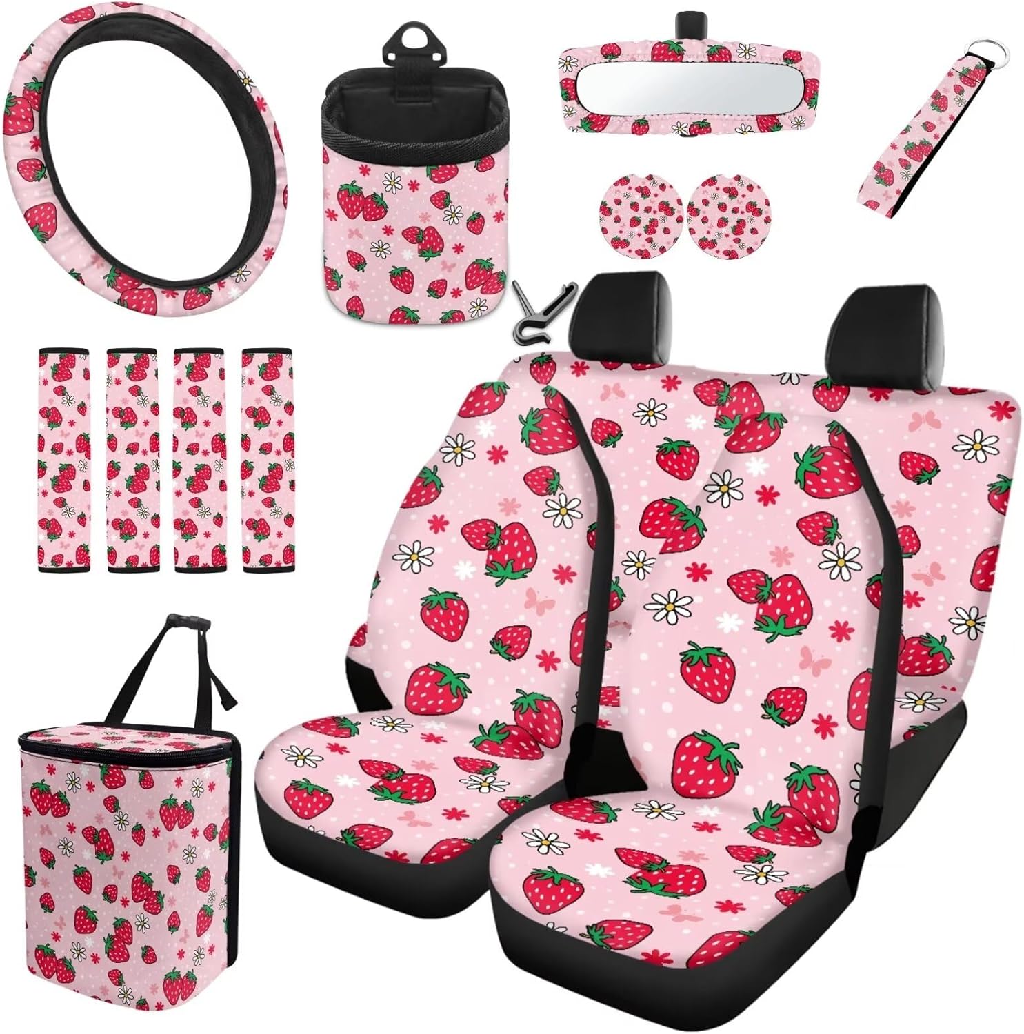 Car Accessories Pink Strawberry Car Seat Cover Full Set Include Cup Coasters Key Chain Rearview Mirror Cover Trash Can Steering Wheel Covers and Seatbelt Pads Car Interior Decor