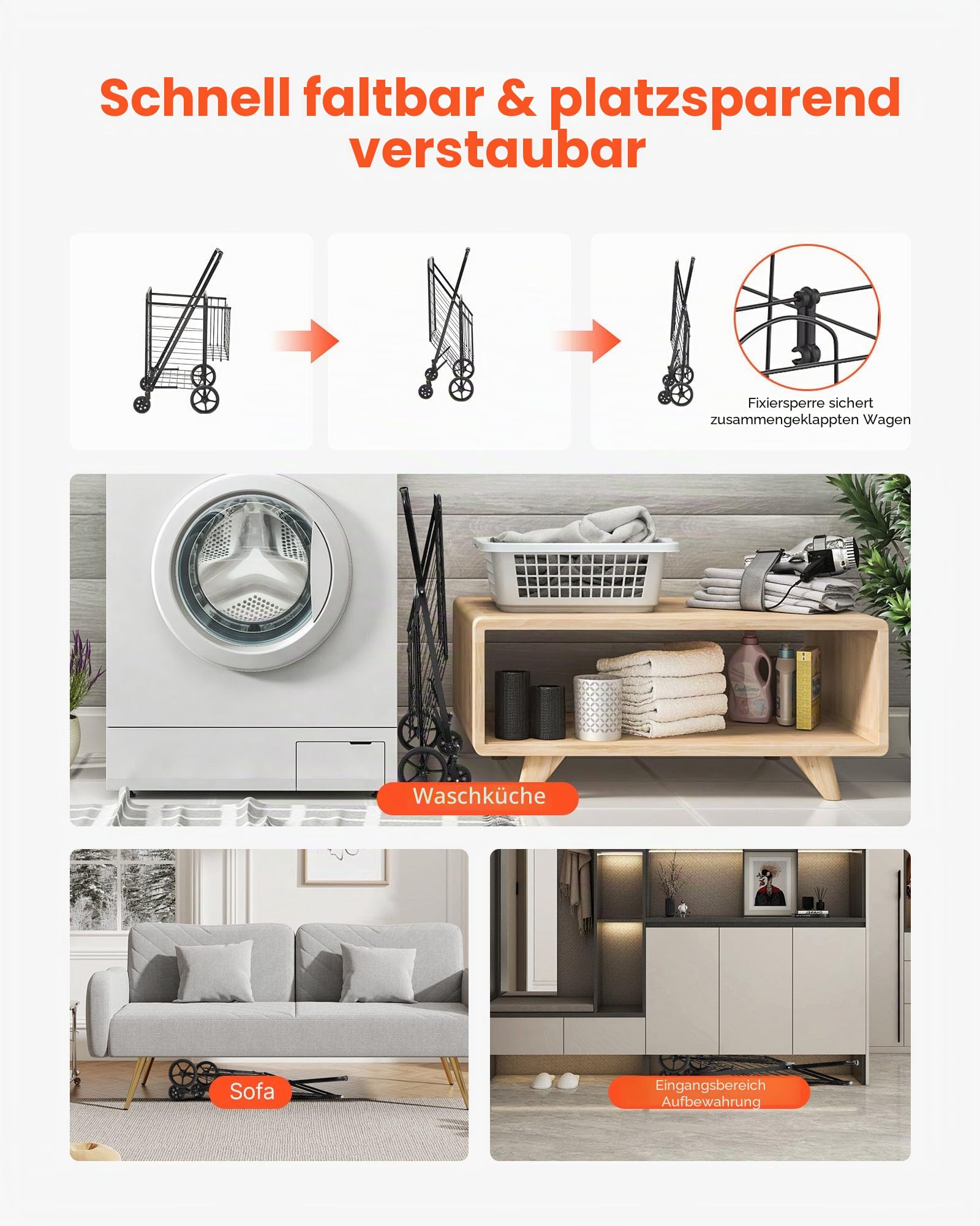 VEVOR Einkaufstrolley Einkaufswagen Klappbar 50 kg Belastbar, Einkaufsroller Handwagen Multifunktional, Shoppingtrolley Faltbar für Wäsche, Lebensmittel, Camping-Werkzeuge usw. | Jumbo-Einkaufswagen, Doppelkörbe, 360° drehbare Räder, 50 kg große Kapazität