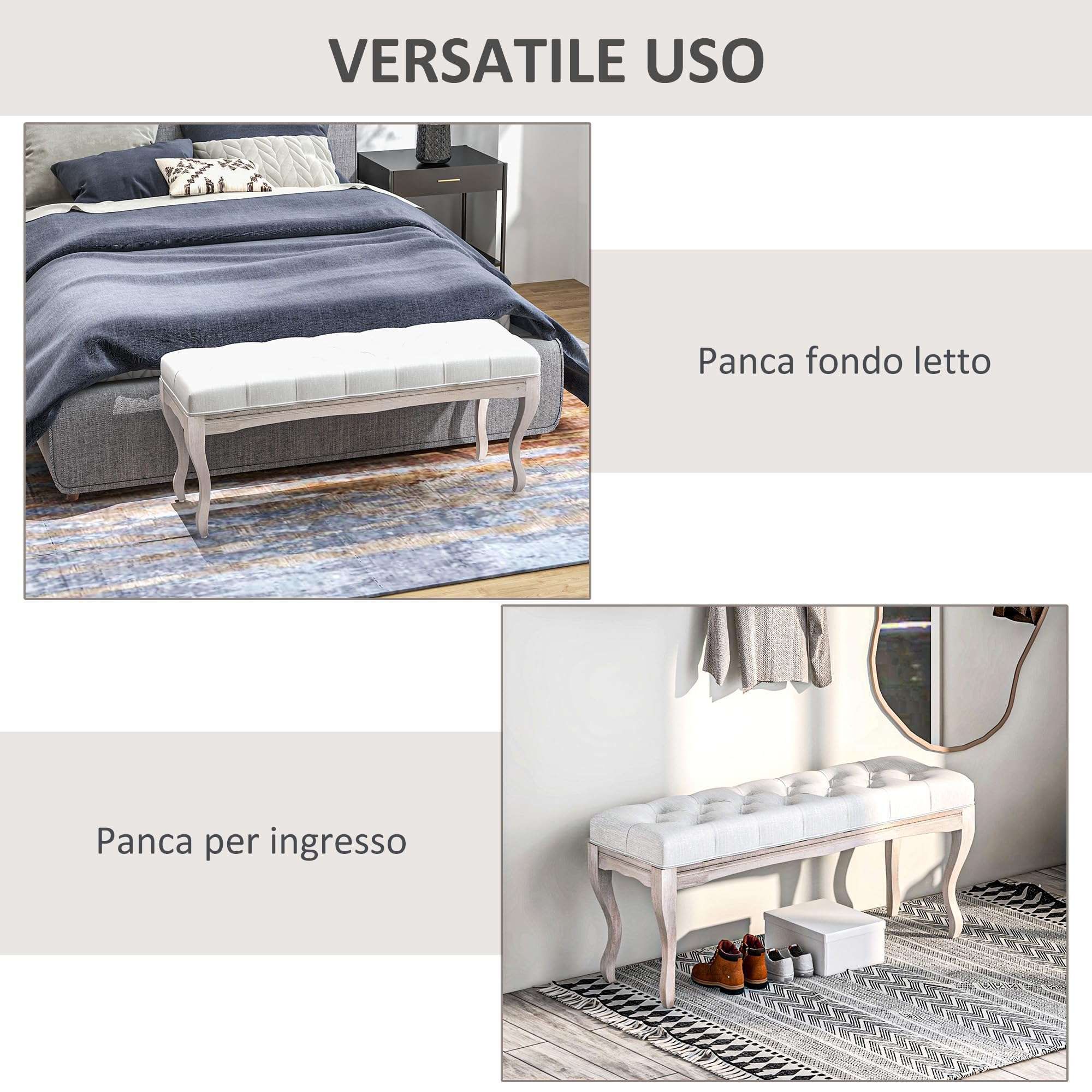 HOMCOM Taburete Pie de Cama Banco para Pie de Cama con Pies de Madera y Asiento Acolchado Carga 120 kg Banqueta de Dormitorio para Entrada Pasillo 110x37x49 cm Crema