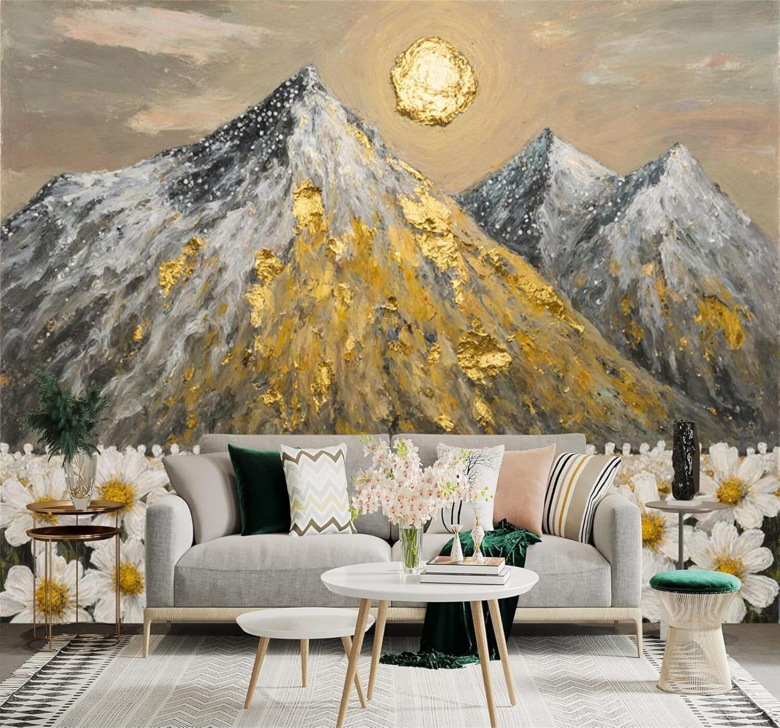 XLMING Creative Golden Mountains White Flowers Sunlight Texture 3D Wallpaper Silky Texture Home Study Office Grey Dining Room Sofa Bedroom Living Room TV Backdrop-150cm×105cm