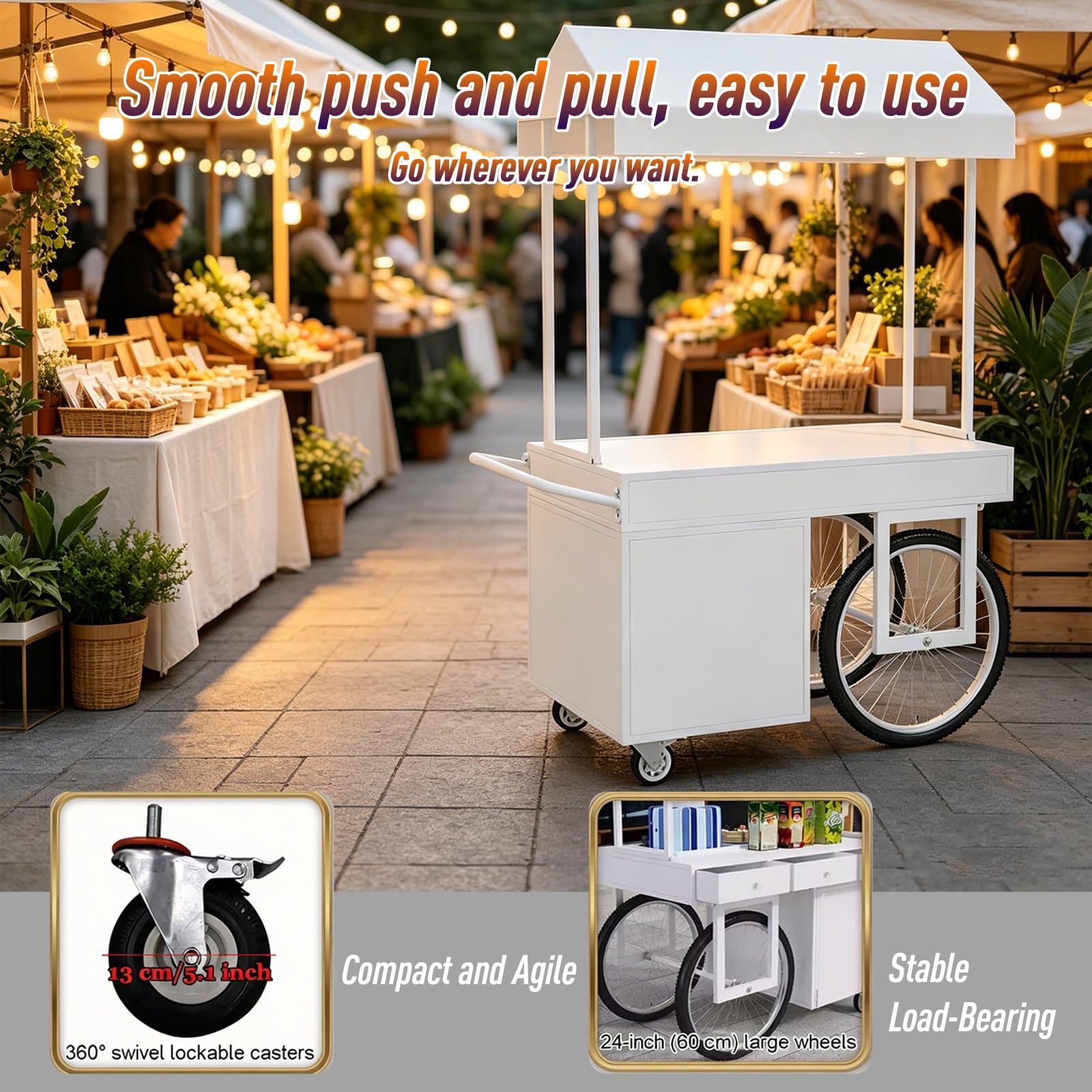 Gtzly Verkaufswagen mit Verdeck, Mobiler Marktstand & Verkaufsstand, Imbisswagen aus Eisen mit Abschließbaren Rädern für Märkte und Veranstaltungen(White,47in/120cm)