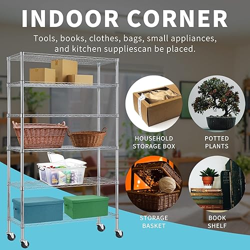 Miniatura 3 de MGHH Estante de almacenamiento de 6 niveles, estantería de alambre con ruedas, estante de metal resistente ajustable en altura NSF con ruedas para