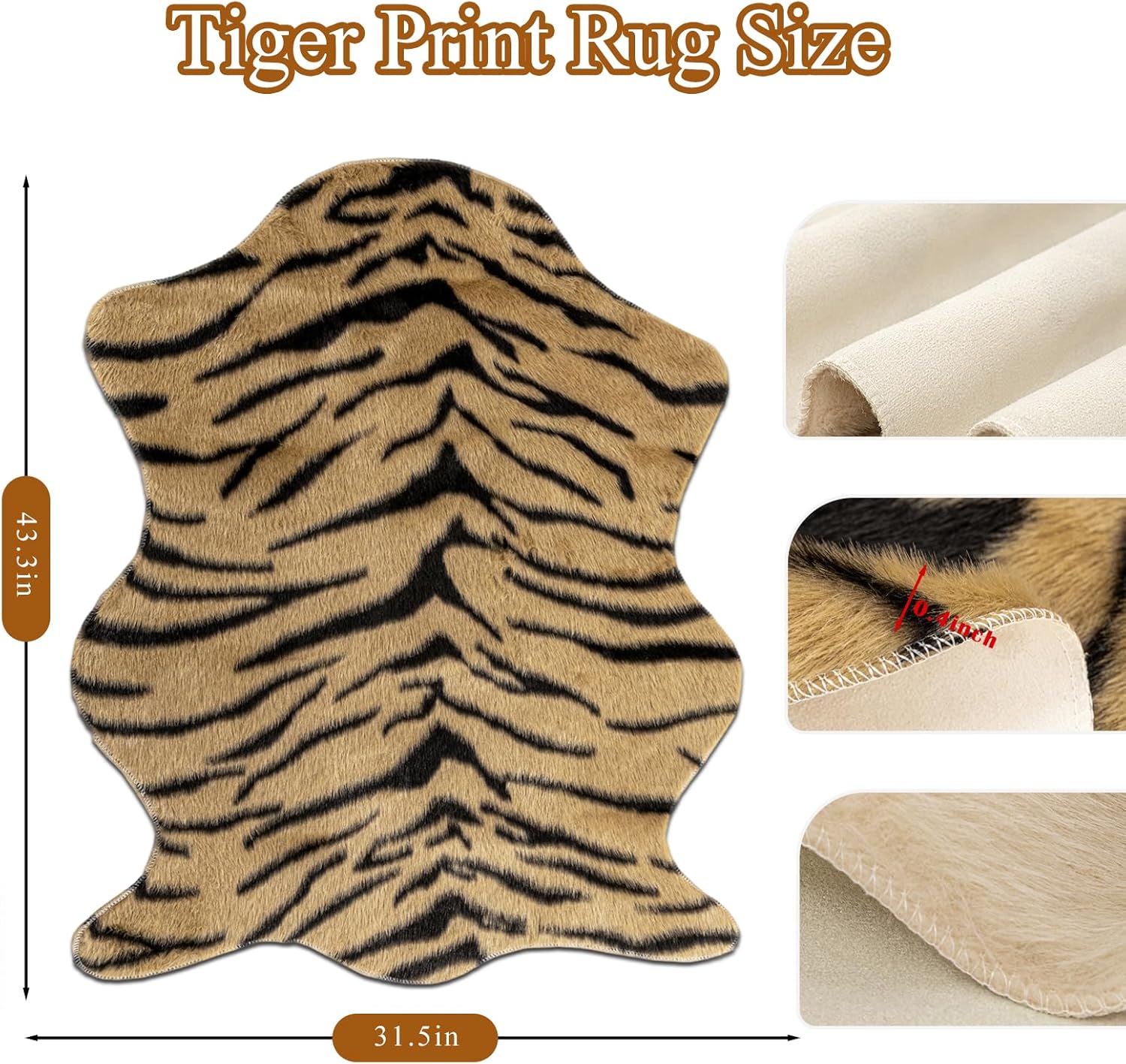 Tiger Print Rug Faux Cowhide Skin Hide Animal Printed Area Rugs Nonslip Carpet Western Decor Mat for Bedroom Living Room 31.5x43.3 Inch