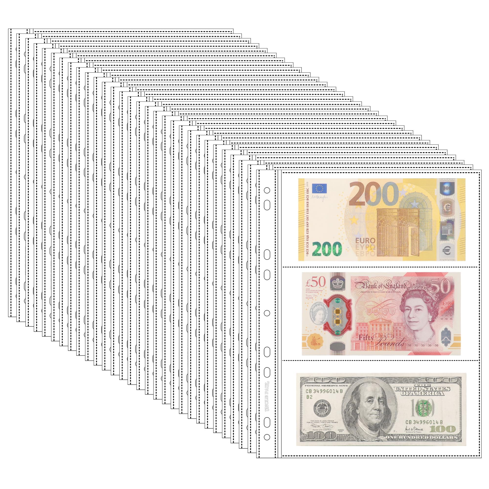 150 koszulek na strony banknotów archiwalnych – 50 arkuszy bezkwasowych etui ochronne na banknoty, znaczki pocztowe, kupony IN02050
