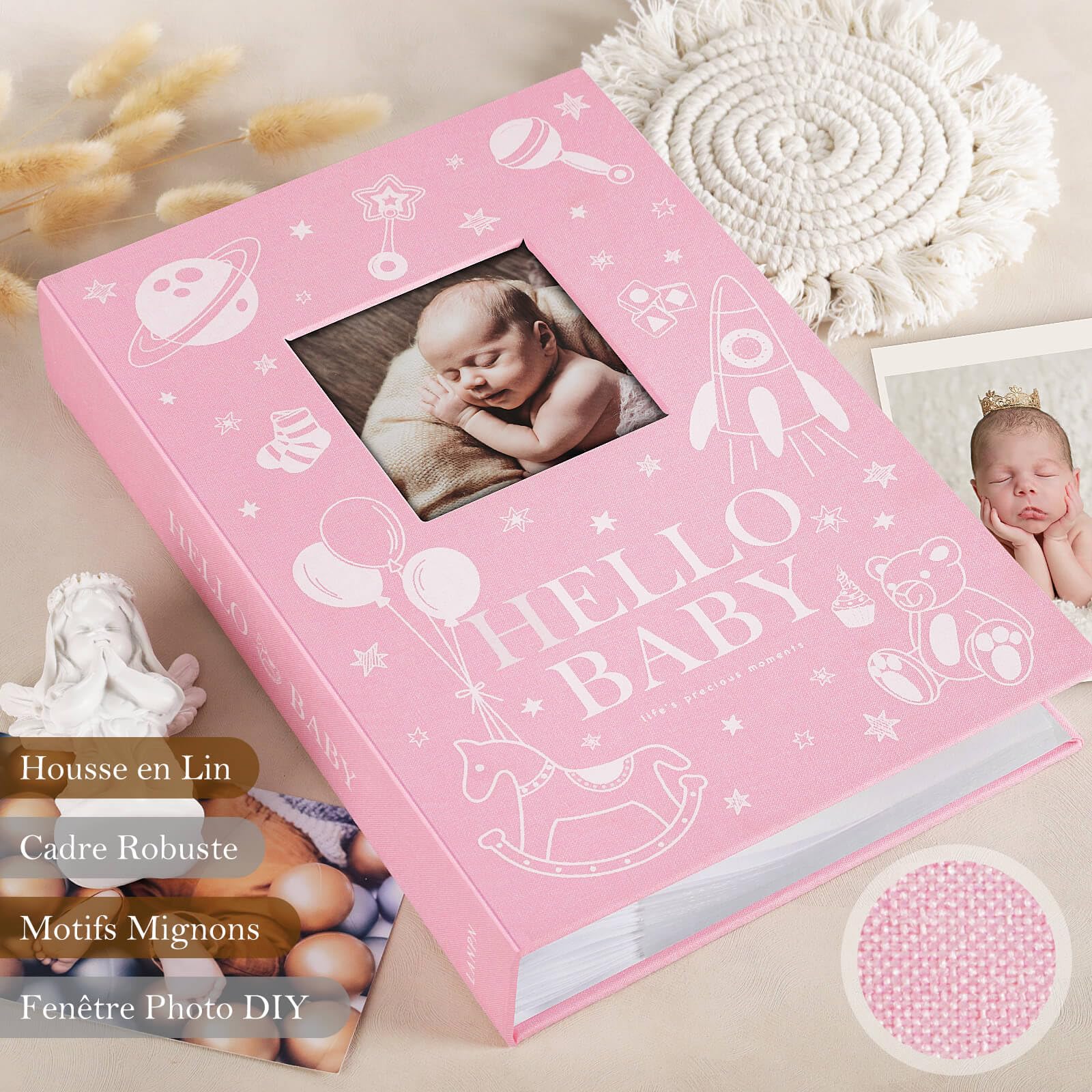 Lanpn Album Fotografico Bambino 10x15 300 Tasche, Lino Album Foto Nascita Bambo Regalo Battesimo Bimbo, Album Portafoto Neonato con area di scrittura memo, Album Battesimo Bimba Ragazza Bambino Rosa - 4