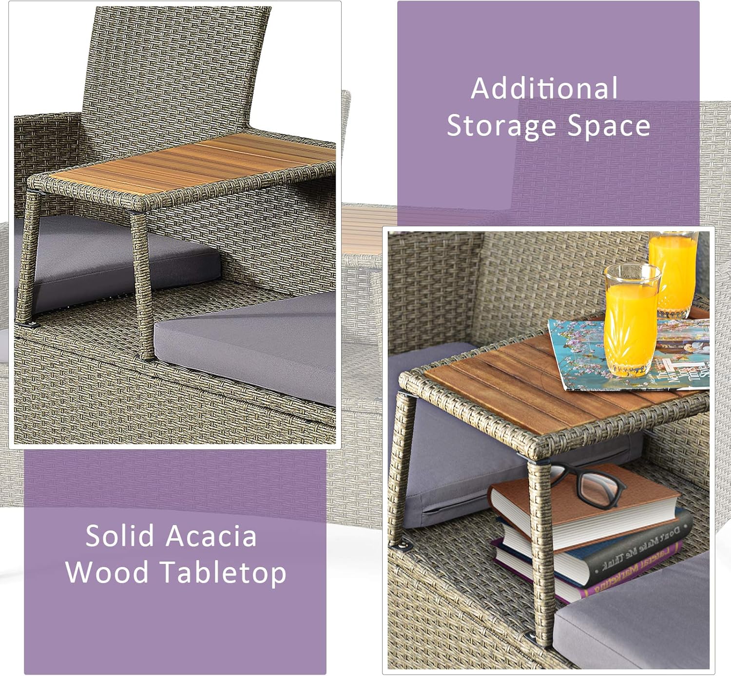 Image showing the additional storage space beneath the acacia wood tabletop of the Tangkula loveseat, with books and glasses.