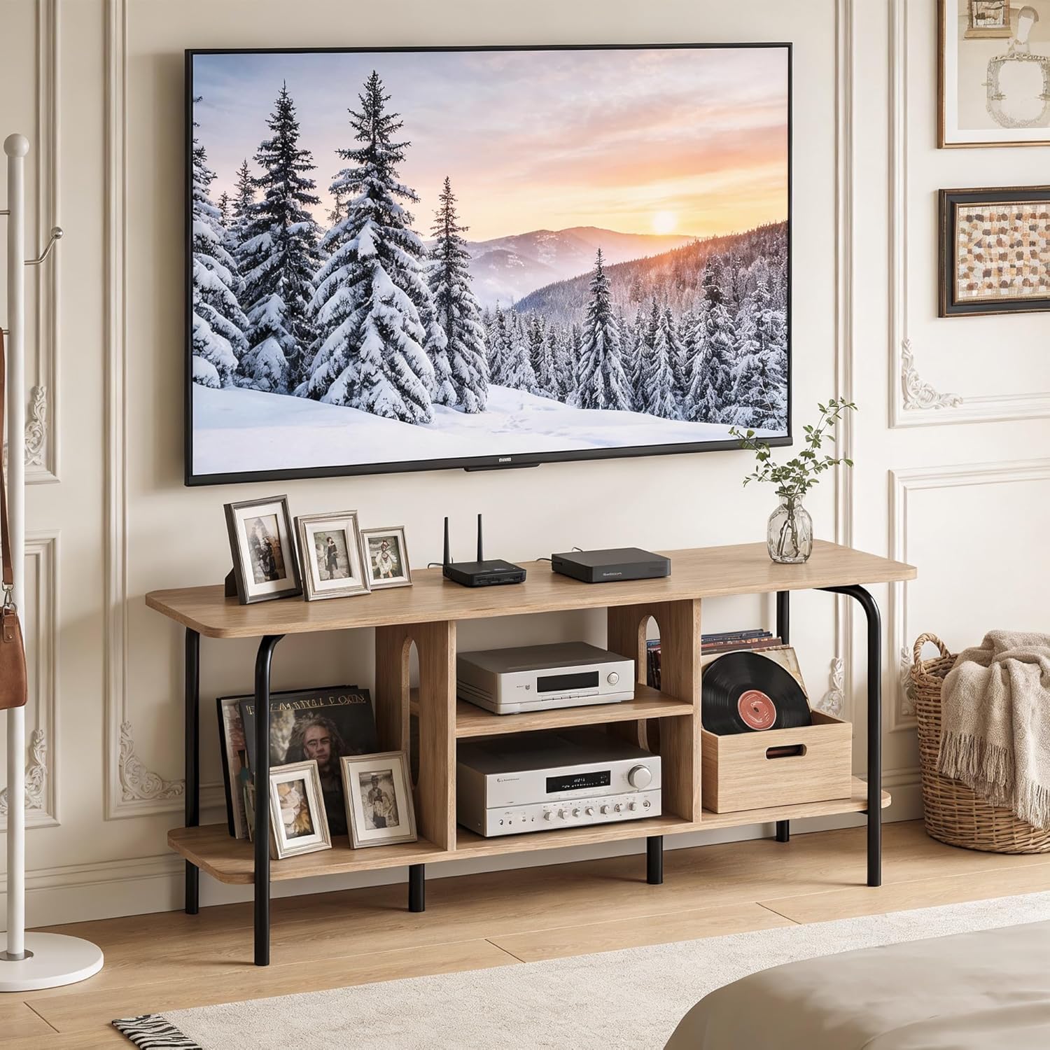 Manora TV Stand for TVs up to 55 Inch, Simple Modern Entertainment Center with 3 Tier Open Storage Shelves, TV Console Table for for Living Room, Bedroom, Oak