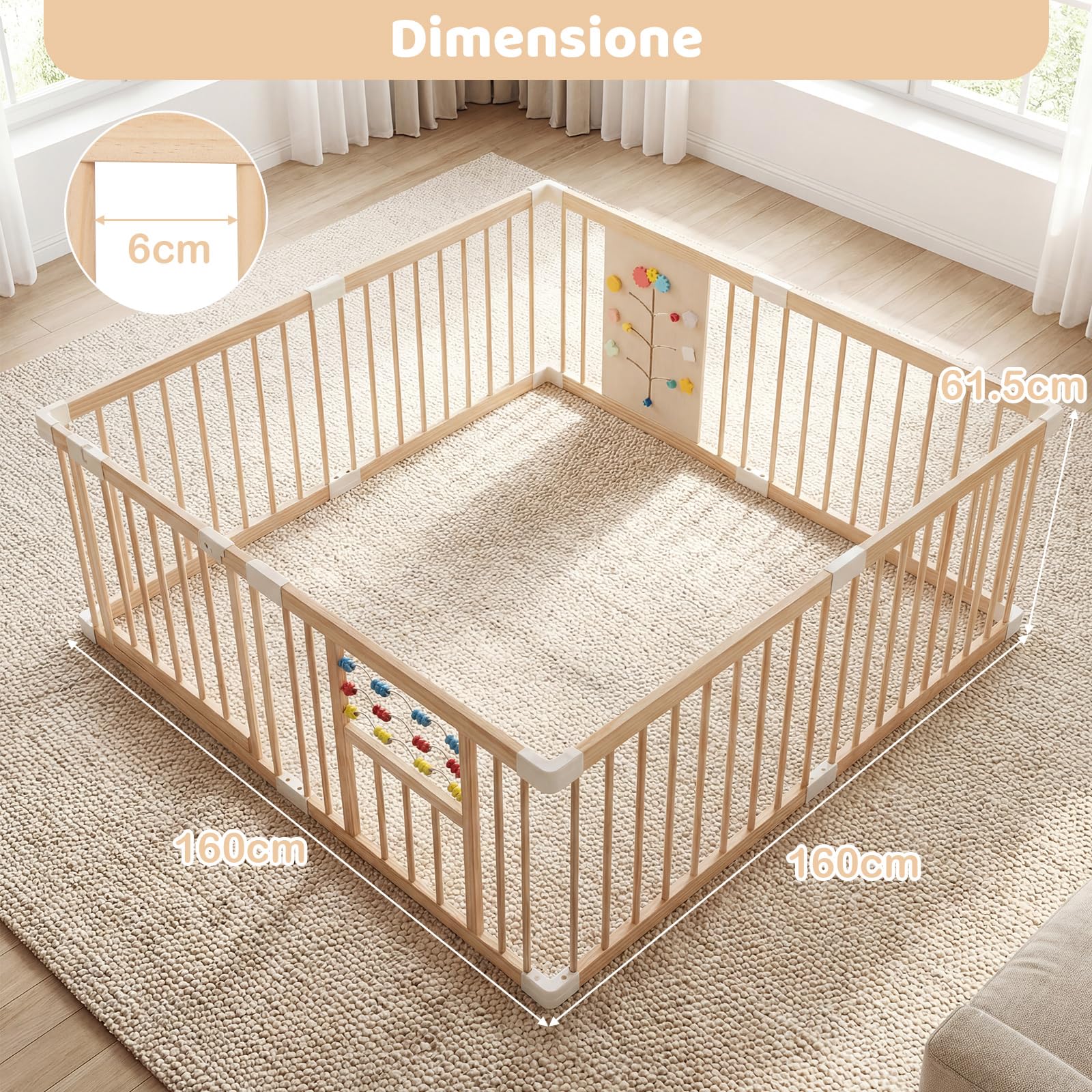 COSTWAY Box Bambini in Legno 160x160cm, Recinto Gioco con Montessori Busy Board, Pannello Sensoriale e Blocco di Sicurezza, Ampia Area Giochi