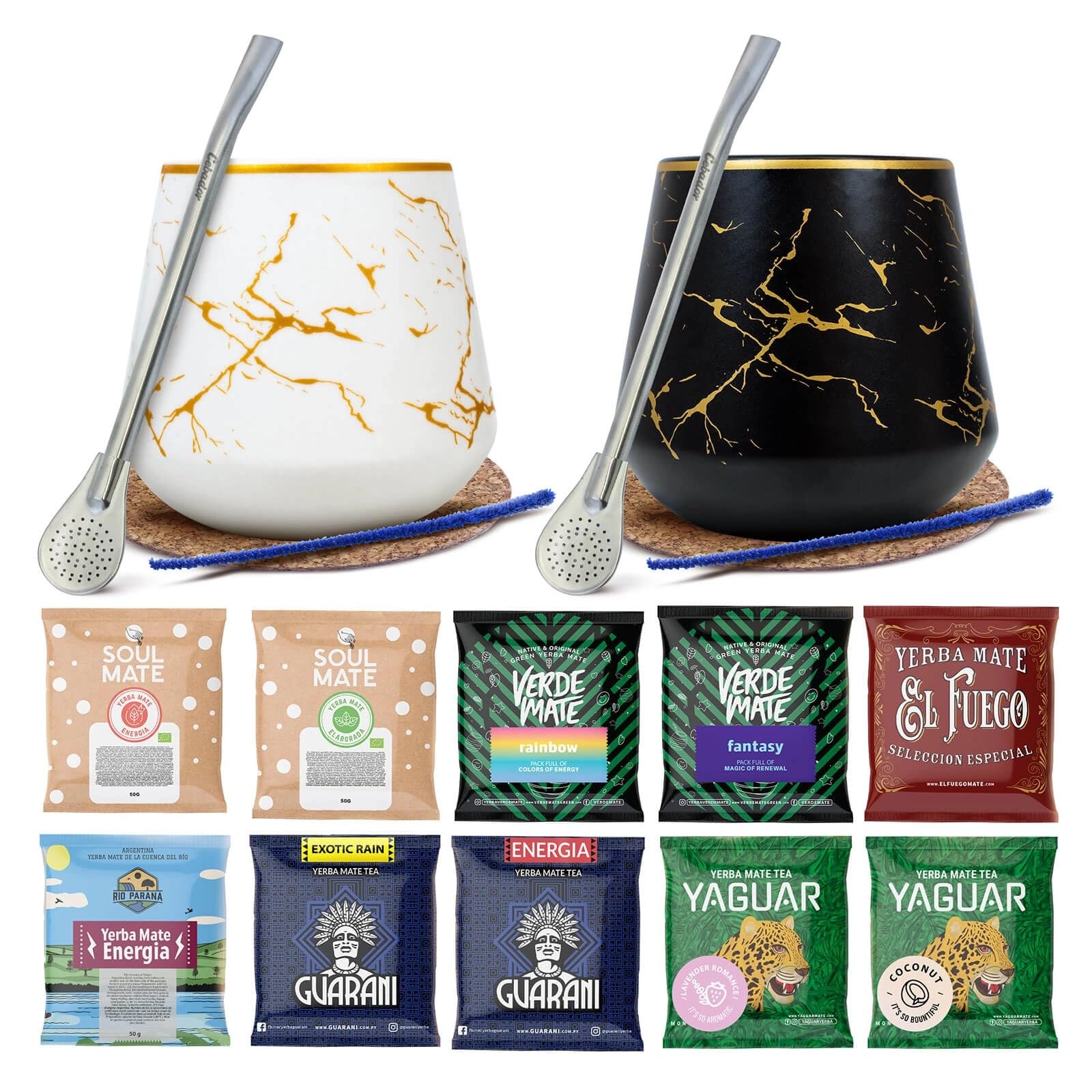 Komplettes Aurora & Nocturne Yerba Mate Geschenkset – Zubehör und 10 x 50 g aromatische Proben