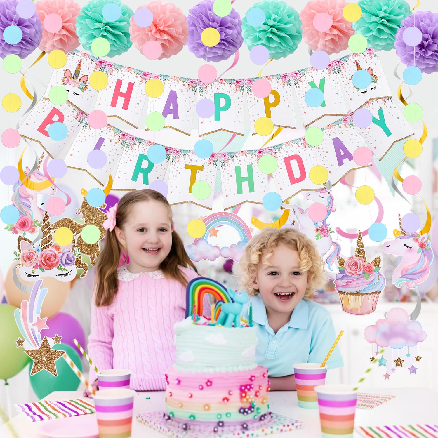 Decorazioni di compleanno con unicorno, striscione di buon compleanno, 9 pompon in carta velina, 10 vortici da appendere, ghirlanda a pois per decorazioni per feste di compleanno per ragazze