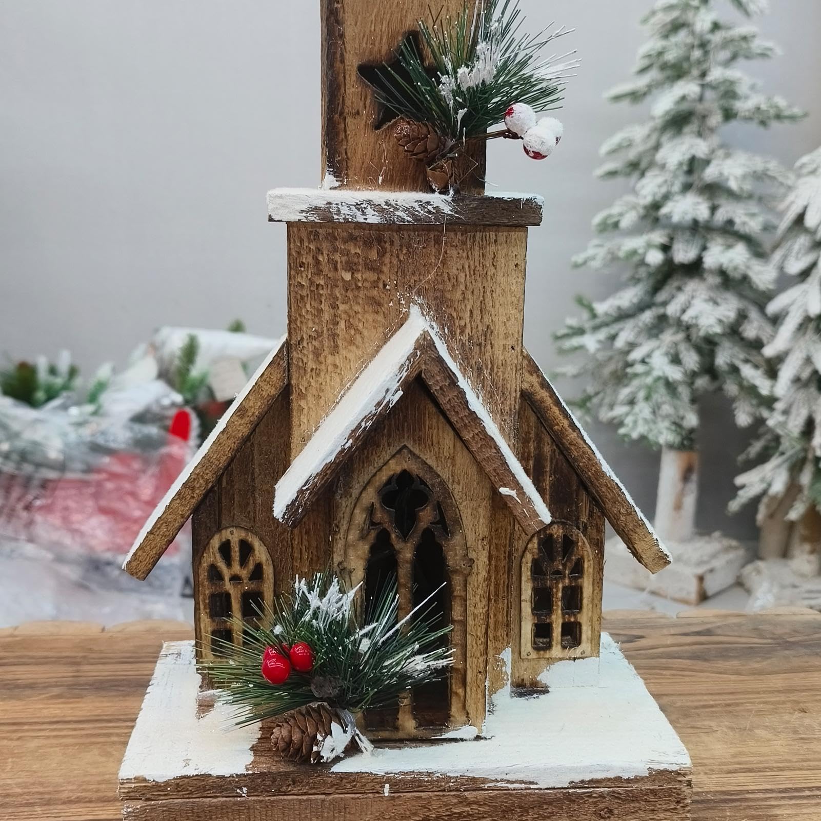 Casa del villaggio di Natale in legno con luce,Casa natalizia in legno ta | Case del villaggio di Natale con luce a LED per soggiorno, tavolo, negozio, camera da