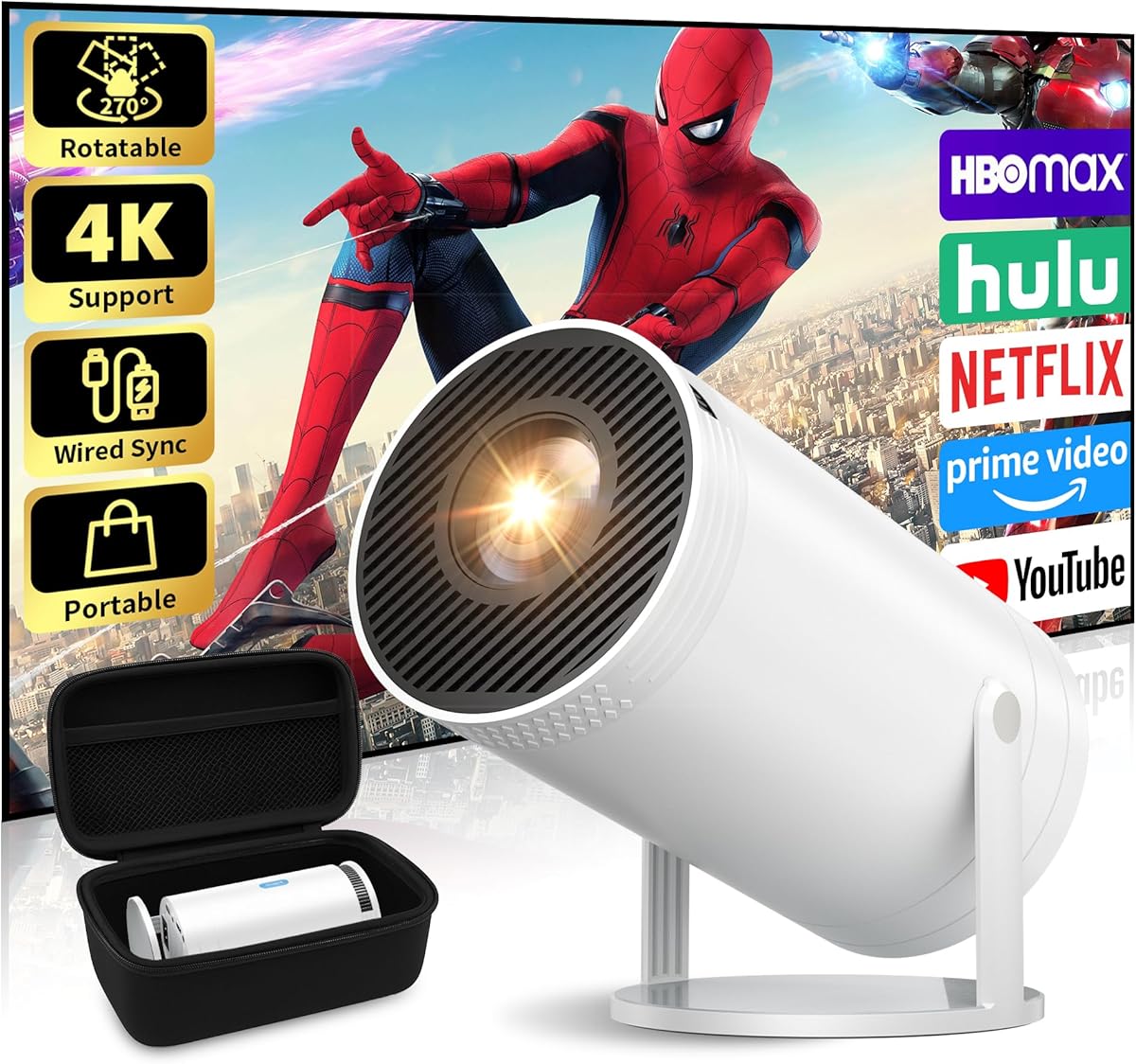 Mini Projector, Native 1080P Portable Projector with Carrying Case, 4K Support, 270°Rotatable Outdoor Movie Proyector, Home Theater Projector Compatible with Phone/TV Stick/Laptop/PS4/HDMI/USB : Electronics
