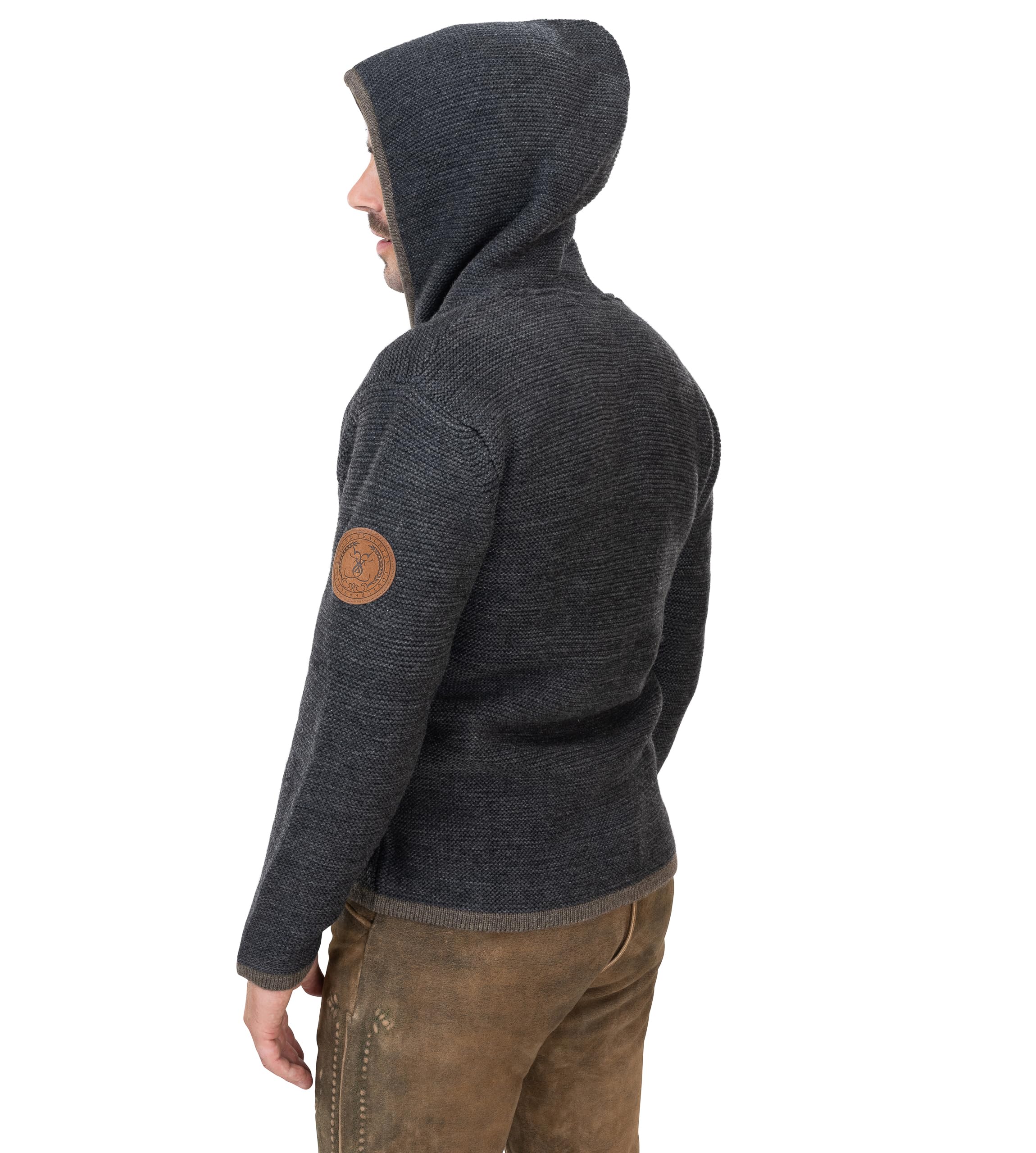 Herren Trachtenjacke mit Kapuze – Trachten-Strick-Jacke aus Wolle – Hoodie Strickjacke Grau/Anthrazit Cardigan - Arvid