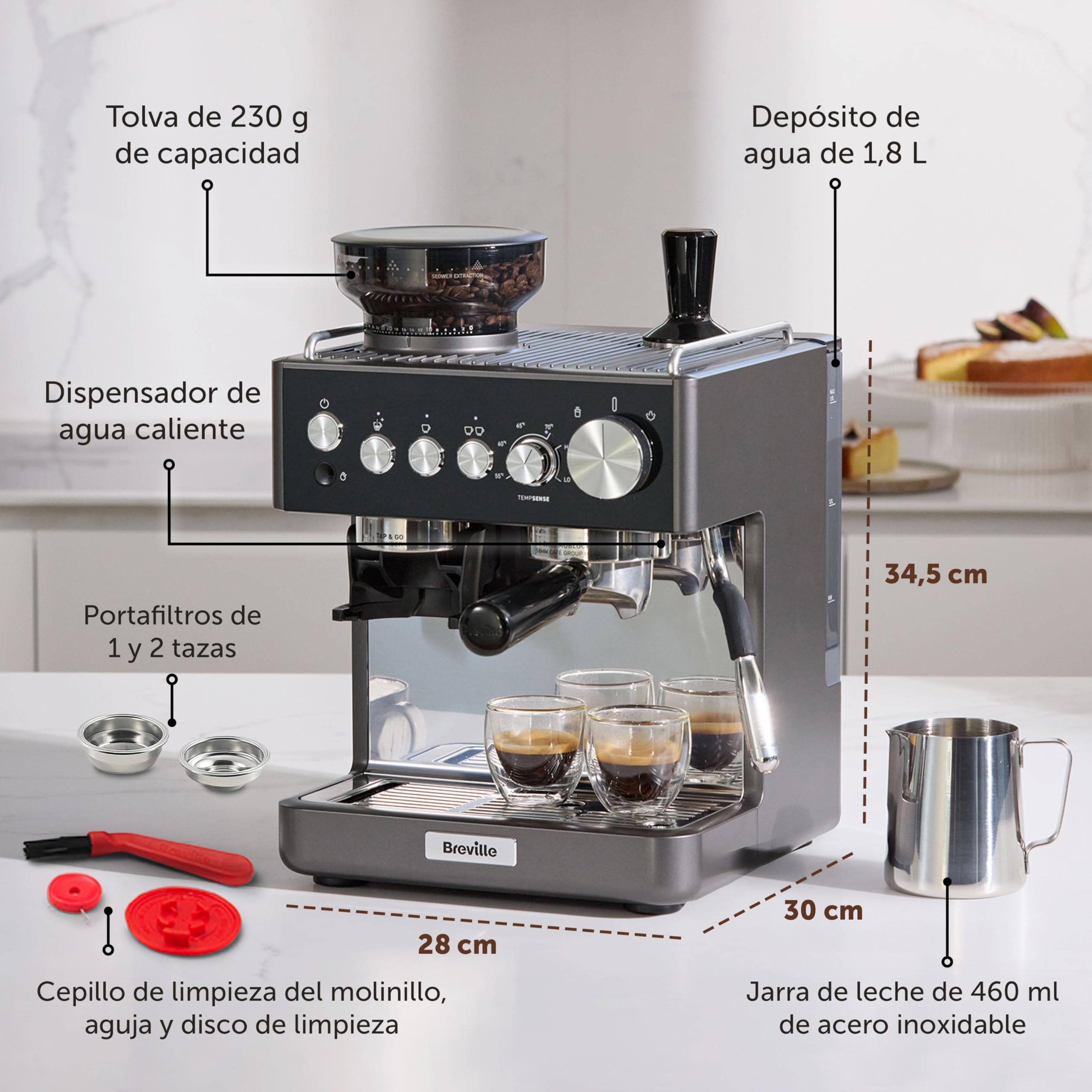 Breville Barista Sense Macchina per caffè espresso | Macchina da caffè con macinacaffè integrato e montalatte | Lancia vapore TempSense | Pompa italiana da 15 bar | Nero [VCF187X]