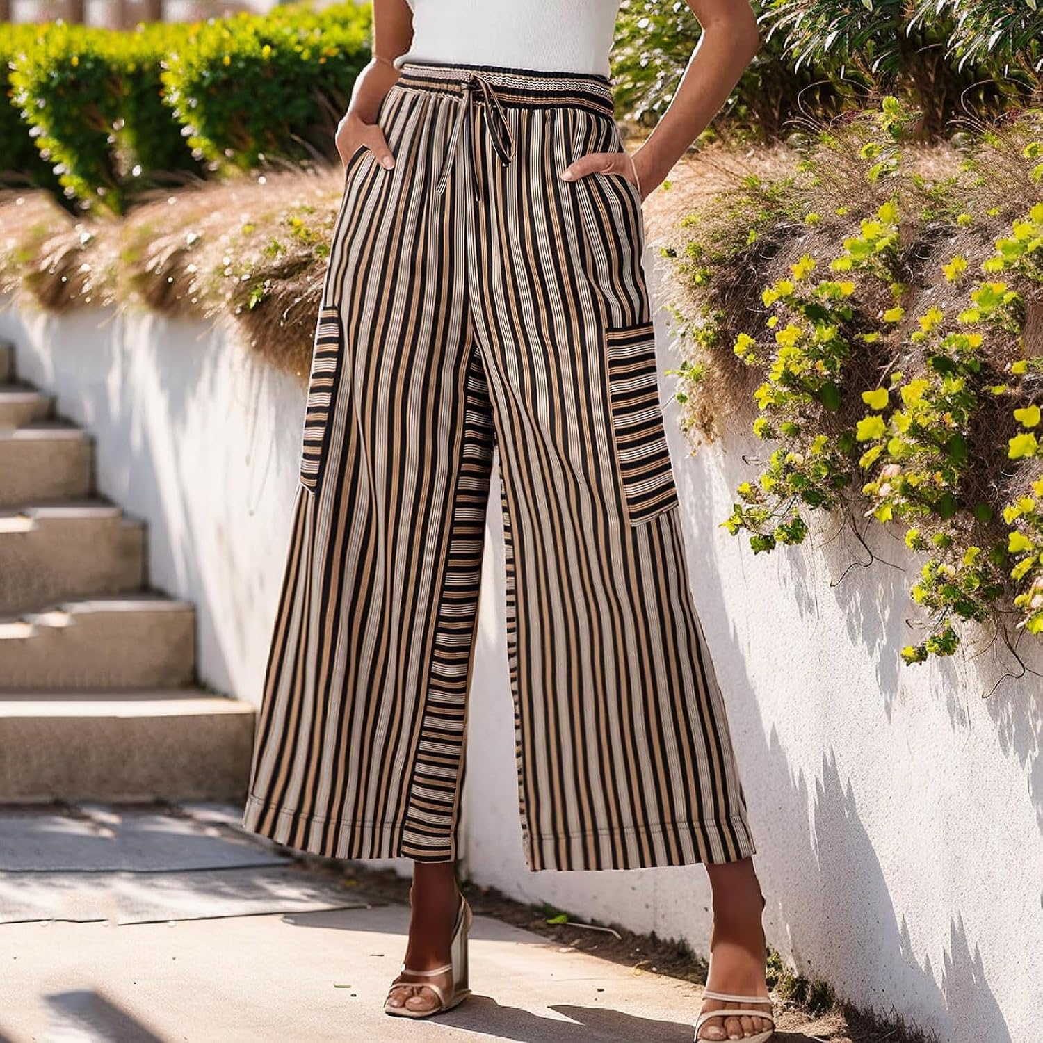 Womens Wide Leg Pants Striped Drawstring High Waist Loose Causal Boho Beach Vacation Palazzo Trousers with Pockets