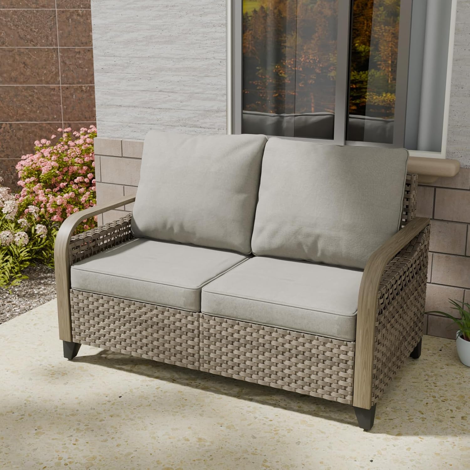 COOS BAY Modern Wicker Outdoor Sofa, 2 Seat Patio Loveseat with Cushions, Outdoor Furniture for Garden, Backyard, Deck, 500 lbs Capacity, Brown/Gray
