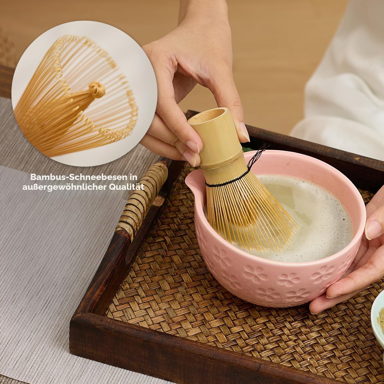 Matcha-Schneebesen-Set – traditioneller Bambus-Chasen mit Schüssel, komplettes Matcha-Tee-Zubereitungsset und Starterwerkzeuge für authentische japanische Zeremonie (Pink 01, 8-teiliges Set