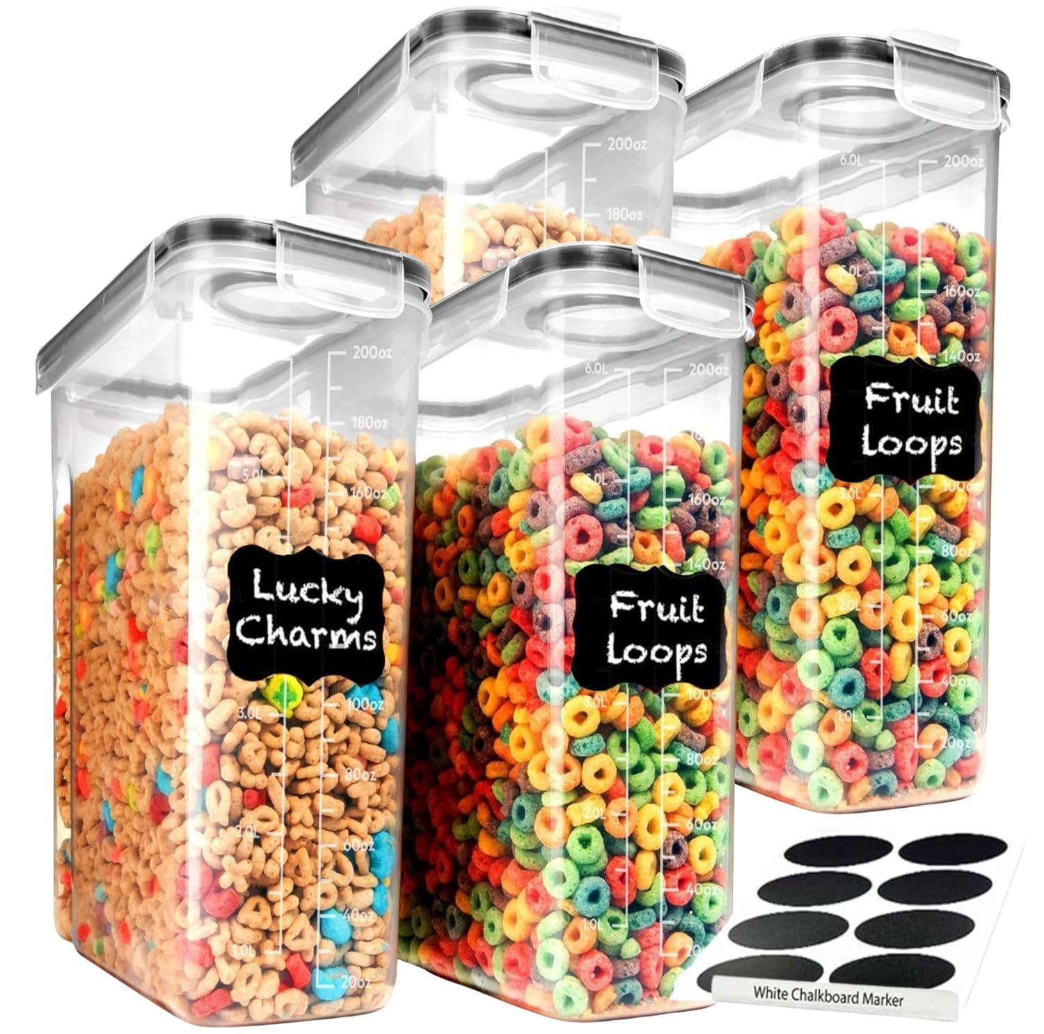 Bamu 4L Cereal Storage Containers – Airtight Flip-Top Lids, BPA-Free, Clear Plastic with Labels for Easy Organization– Kitchen Pantry Organiser – Ideal for Cereal, Cornflakes, and Dry Foods (4)