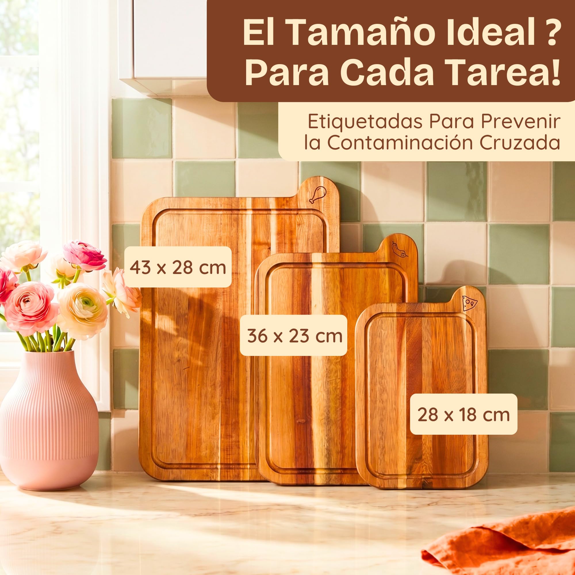 Tablas de Cortar No Tóxicas – Set de 3 Tablas de Cortar Sin Aceite Mineral, de Madera de Acacia FSC – Libres de Químicos para tu Cocina – Ziruma