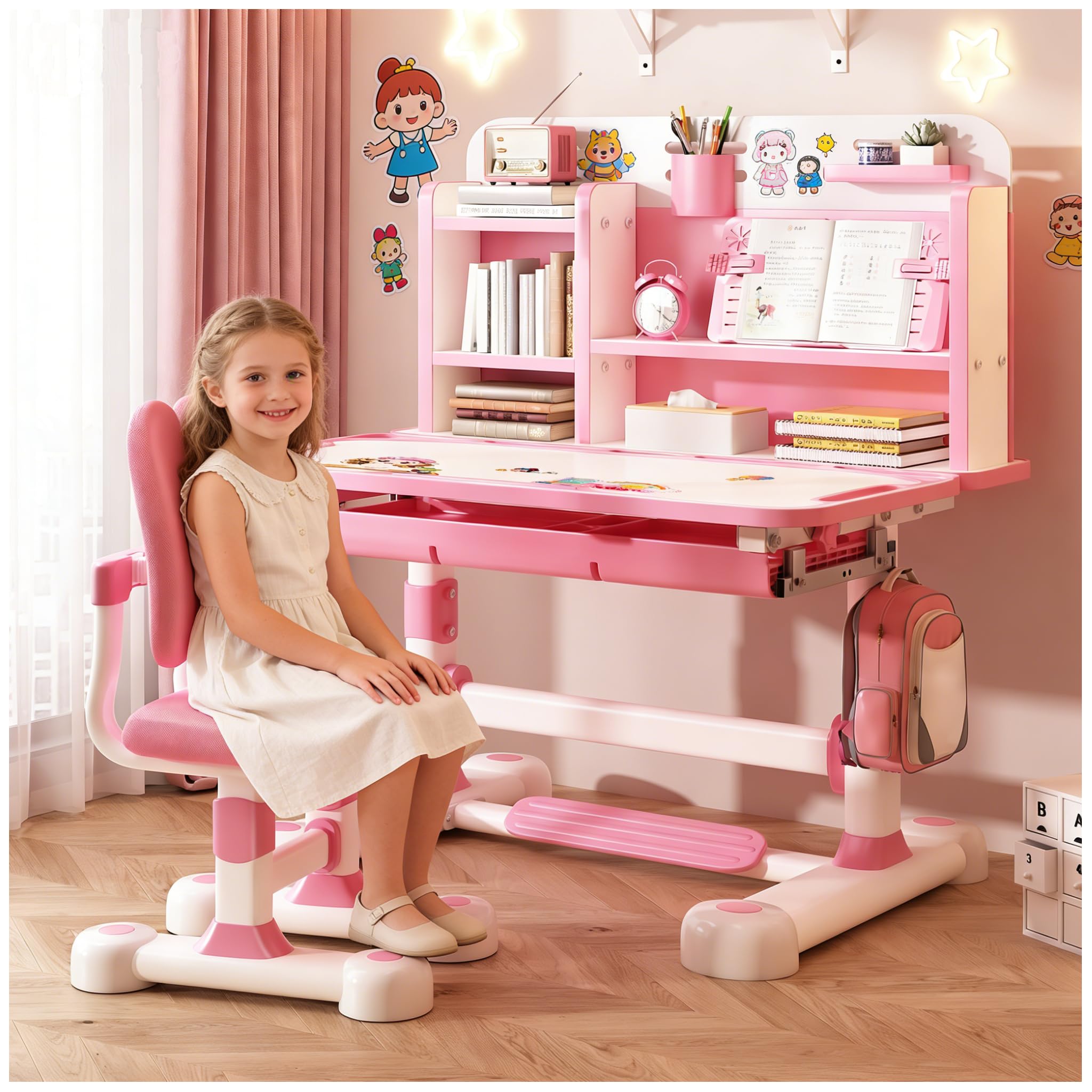 Altsuceser Ensemble de chaises de bureau pour enfants, table d'étude réglable en hauteur avec correcteur d'assise, chaise de bureau ergonomique avec support pour livre, pédale, cloison (rose, bleu) P
