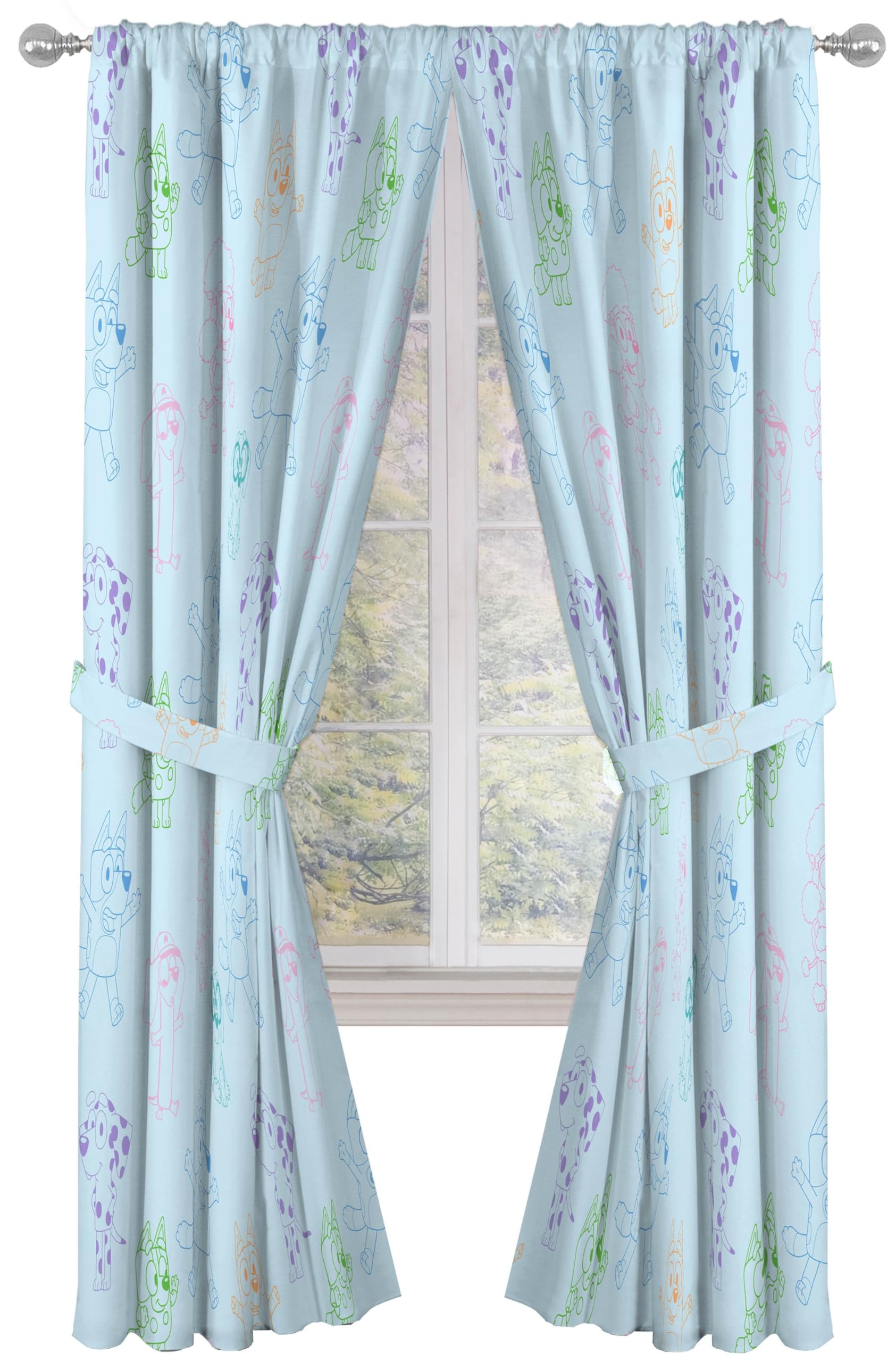 Jay Franco Window Curtains for Kids Bedroom 4-Piece Drape Set with 2 Tiebacks, Blue - Bluey, 42" W x 84" L (Pack of 2)