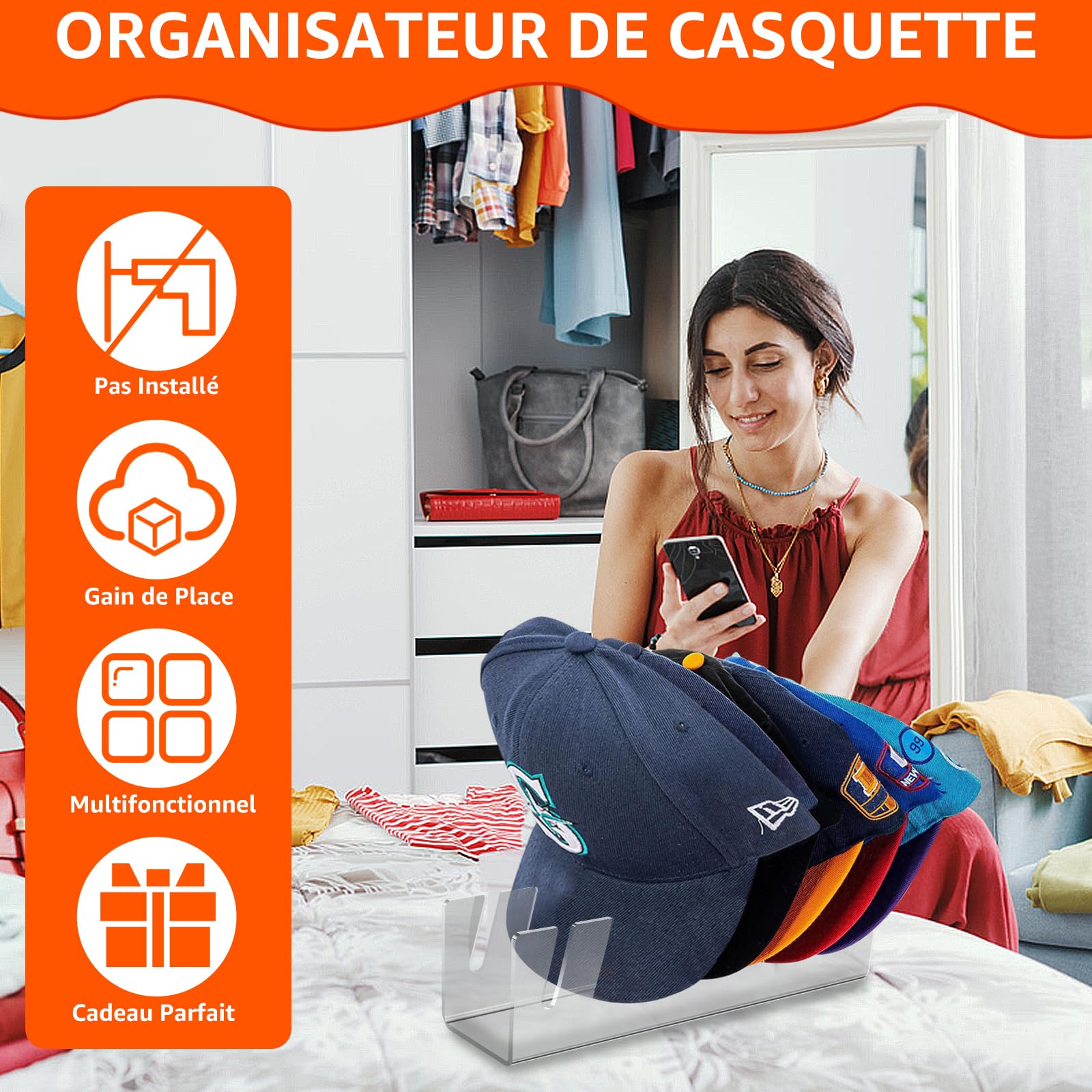 D-buy Lot de 2 organiseurs de chapeaux pour casquettes de baseball, support de chapeau en acrylique pour 14 personnes, support de rangement pour casquettes de baseball pour chambre à coucher, commode