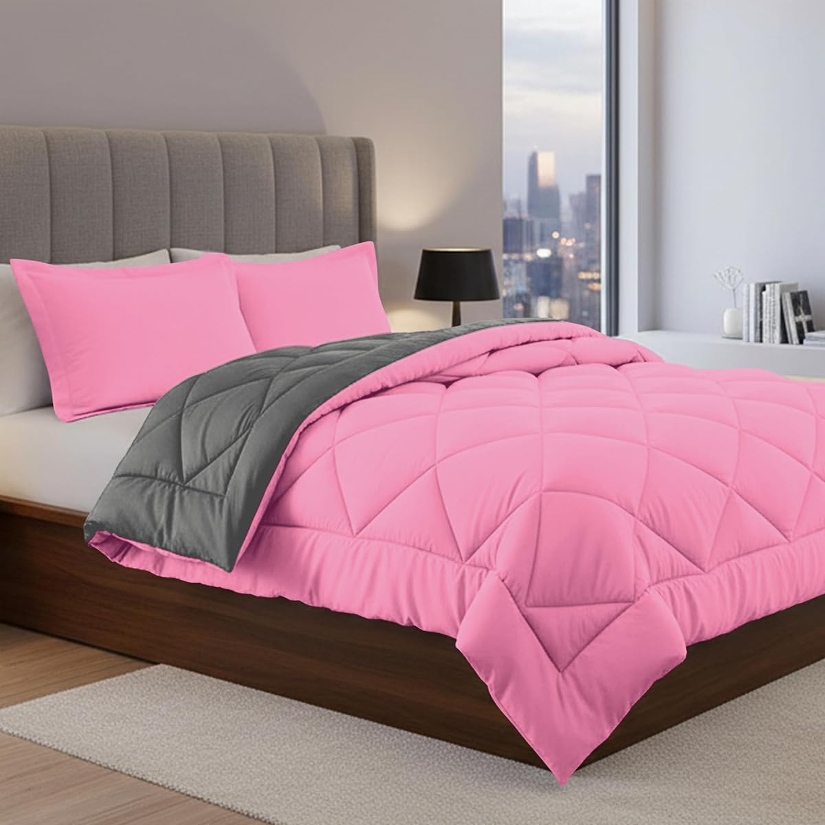 Elegance Linen Super Soft Goose Down 3-Piece Reversible All Season Alternative Comforter Set, Full, Pink/Gray