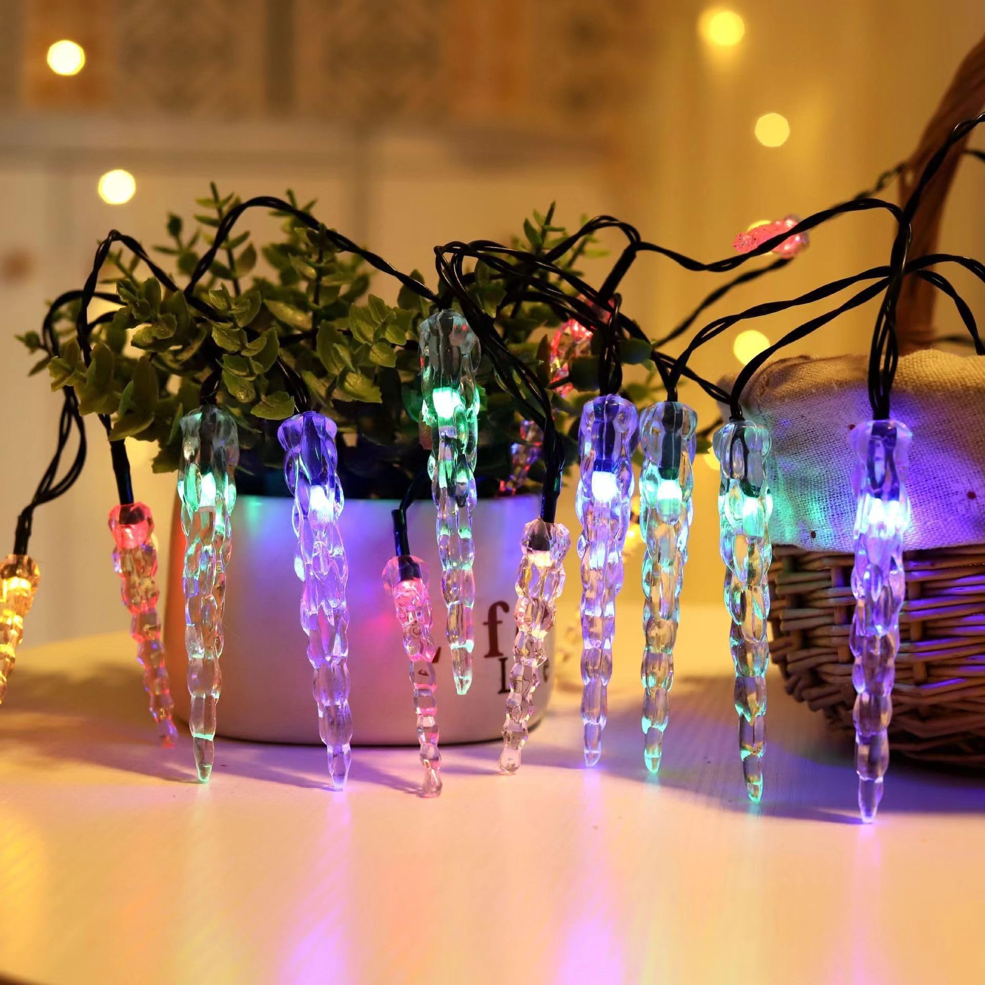 Łańcuch świetlny USB, 10 m, 80 diod LED, USB, plastikowe sople sopli, kurtyna oświetleniowa do ogrodu, trawnika, na ślub, wakacje, do dekoracji wnętrz