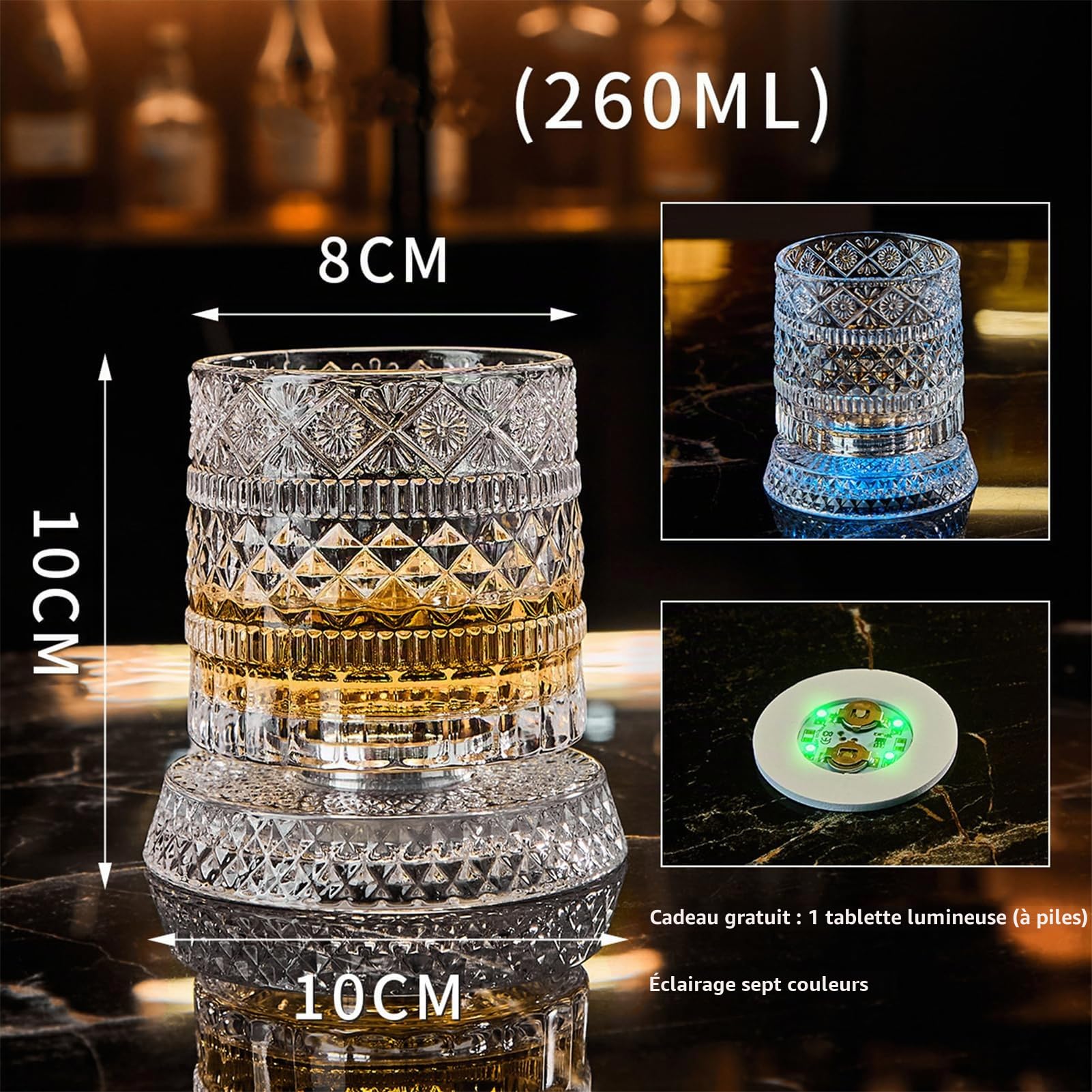 Verre à Whisky 2 Pcs Transparentes Verre, Verre Whisky Tournant à 360 DegréS,Verre à Whisky Avec Socle Led Coloré,Pour Collectionneurs Anniversaire FêTe Des Familiales FêTes (led)