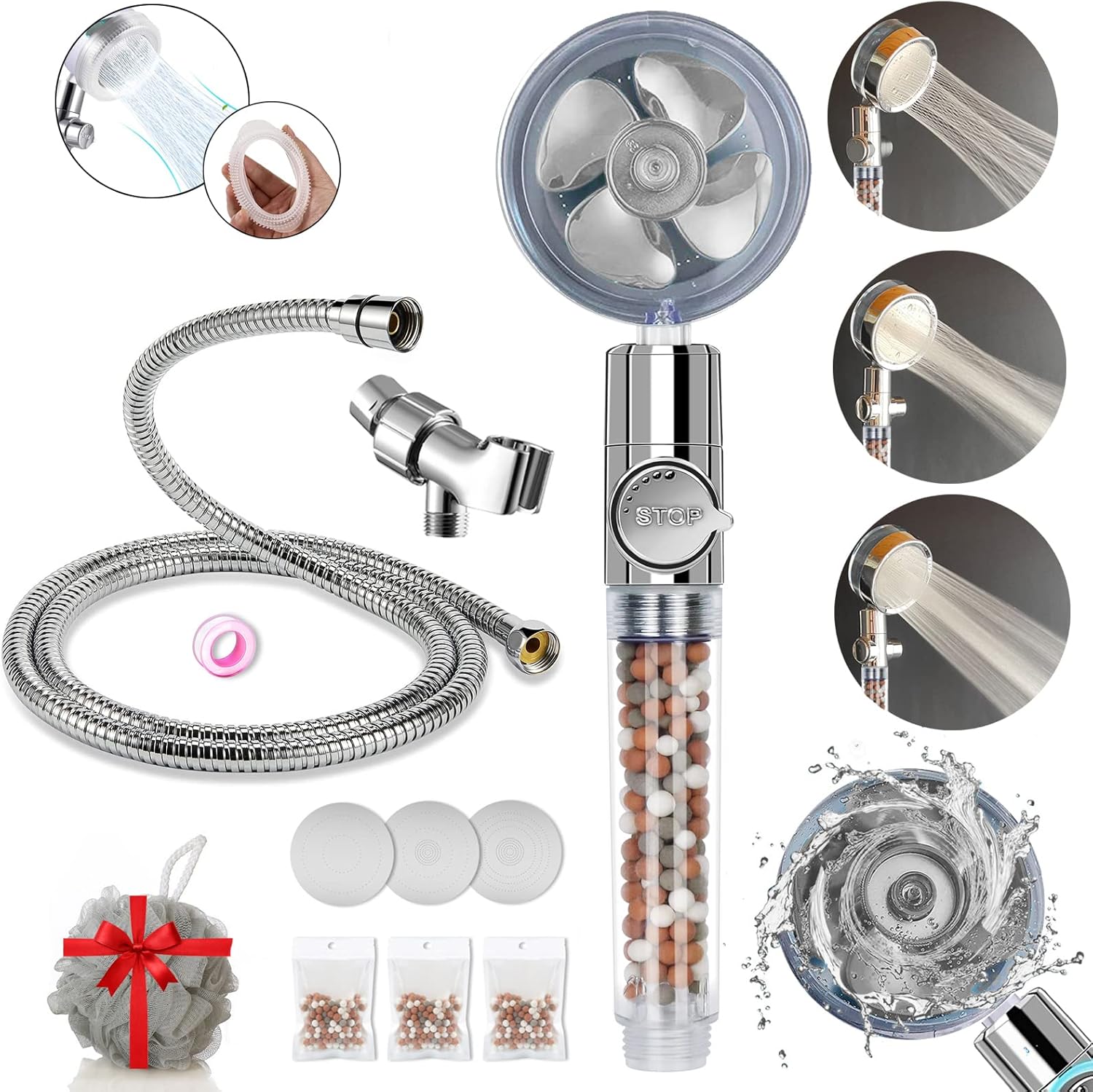 Filtered Shower Head, High Pressure Water Saving Showerhead with Filter Beads, Handheld Turbo Fan Shower Kit with Stainless Steel Hose, Wall & Overhead Brackets ect.-Silver