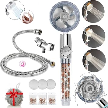 Filtered Shower Head, High Pressure Water Saving Showerhead with Filter Beads, Handheld Fan Shower Kit with Stainless Steel Hose, Wall & Overhead Brackets ect.-Silver