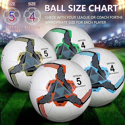 Miniatura 3 de Tradder Paquete de 4 pelotas de fútbol con bomba de tamaño 3, 4, 5, pelotas de fútbol desinfladas para exteriores e interiores, juego de liga,