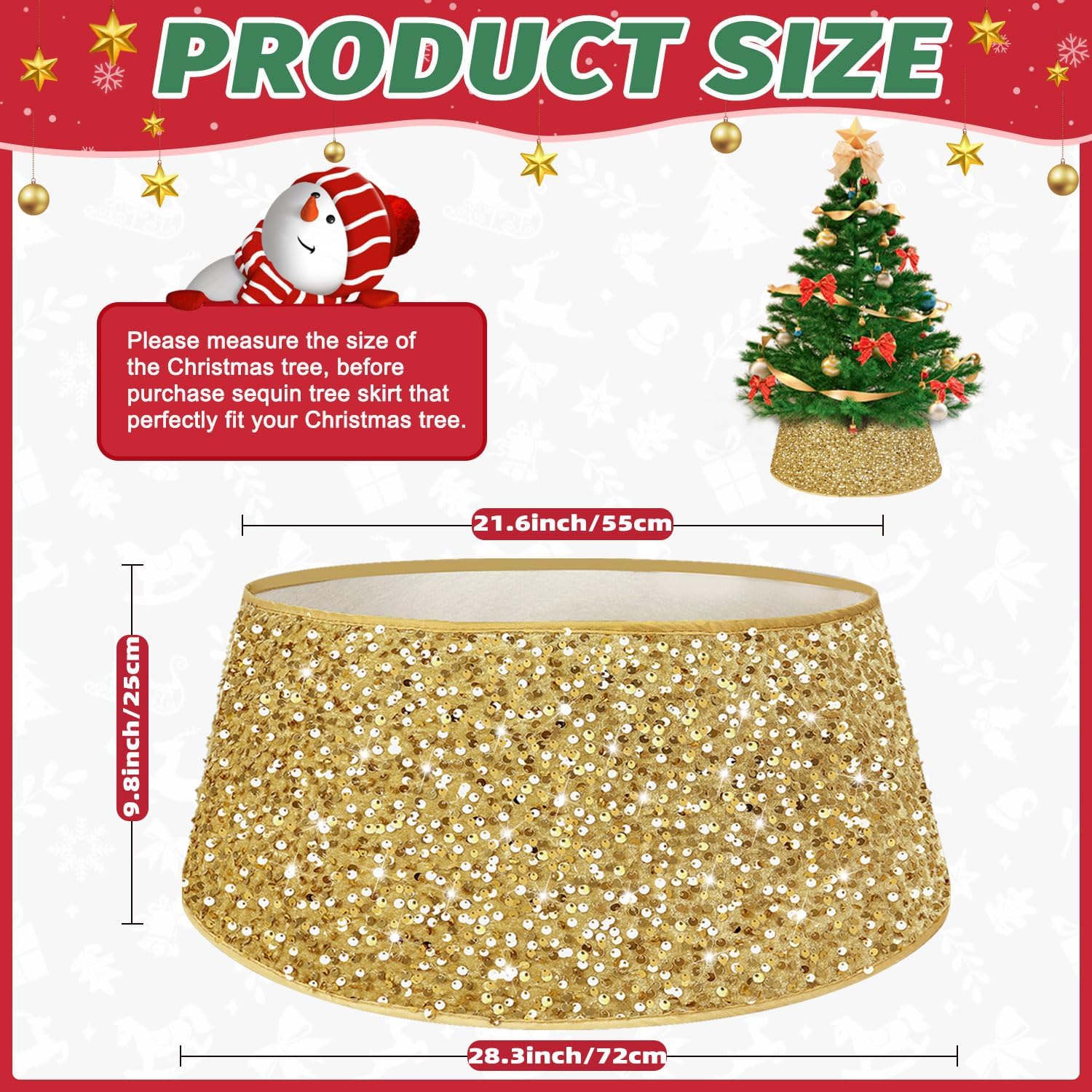 Gold Christmas Tree Collar 28.3Inch Large Tree Collars Glittery Sequin Tree Skirt for Christmas Decorations Foldable Christmas Tree Rings Round Xmas Tree Base Cover for Holiday Home Party Decor