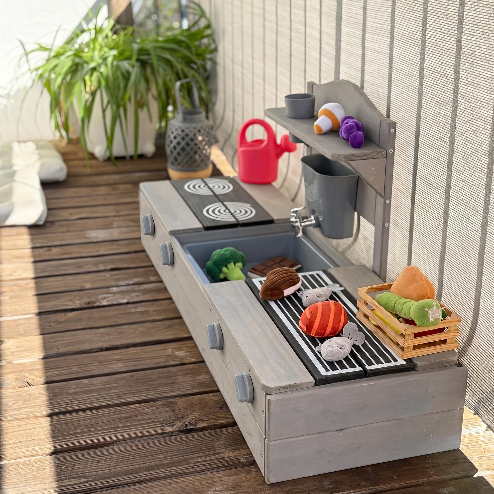 roba Bac à Sable 2 en 1 & Cuisine de Jeu pour Enfants - Certifié FSC® - avec Accessoires - Cuisine Compacte pour Balcon & Jardin - Gris