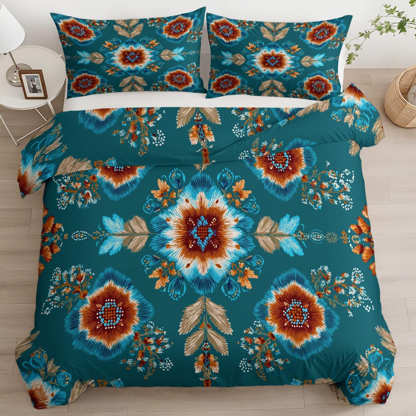 Parure de lit 240x260 cm bleu à motif géométrique bohème avec 2 taies d'oreiller