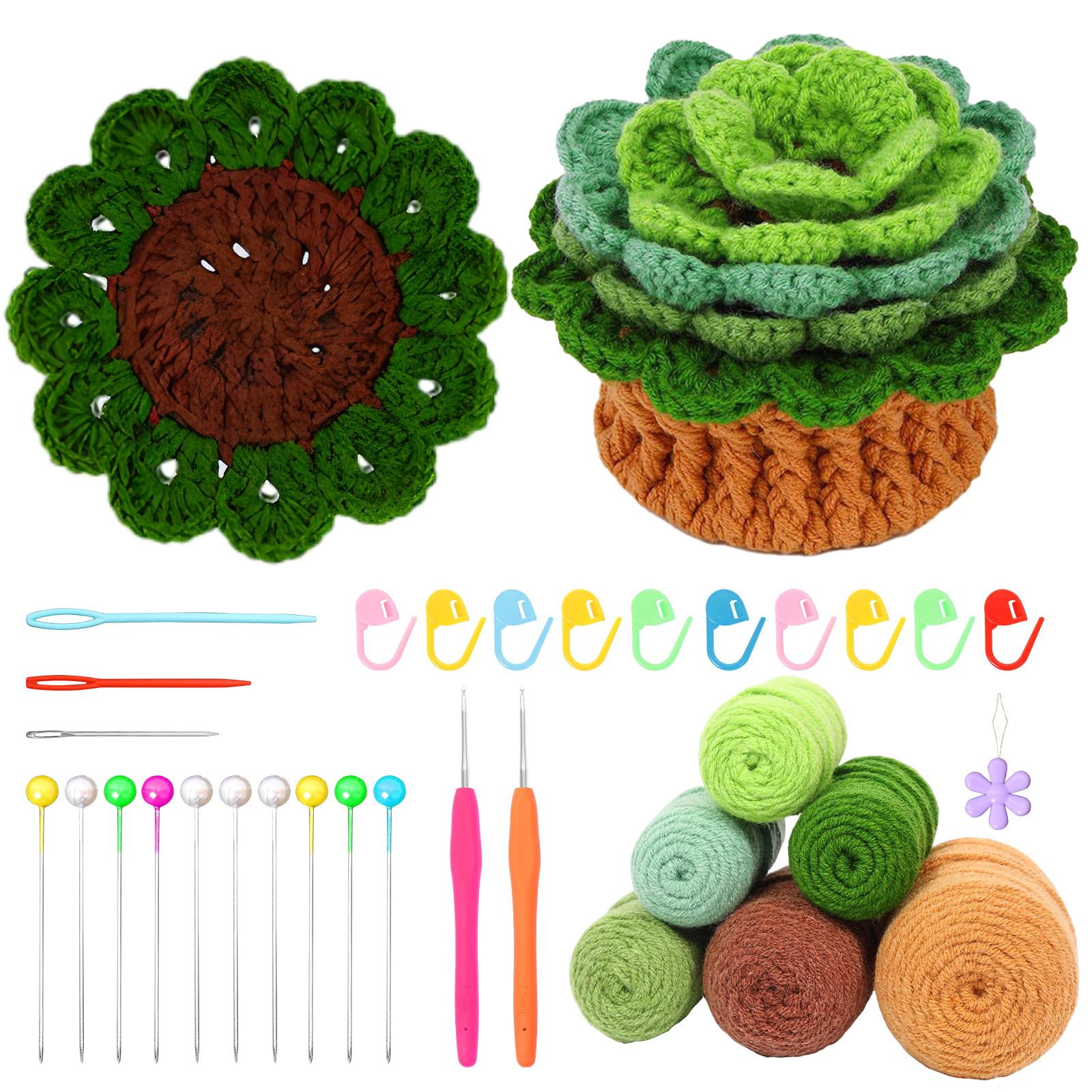 Crochet Kit for Beginners, Handmade Coasters in a Plant Pot Crochet Start Kit, Complete Beginner DIY Crafts with Yarn, Accessories, Step-by-Step Video Tutorials for Adult Beginners(Green Plants)