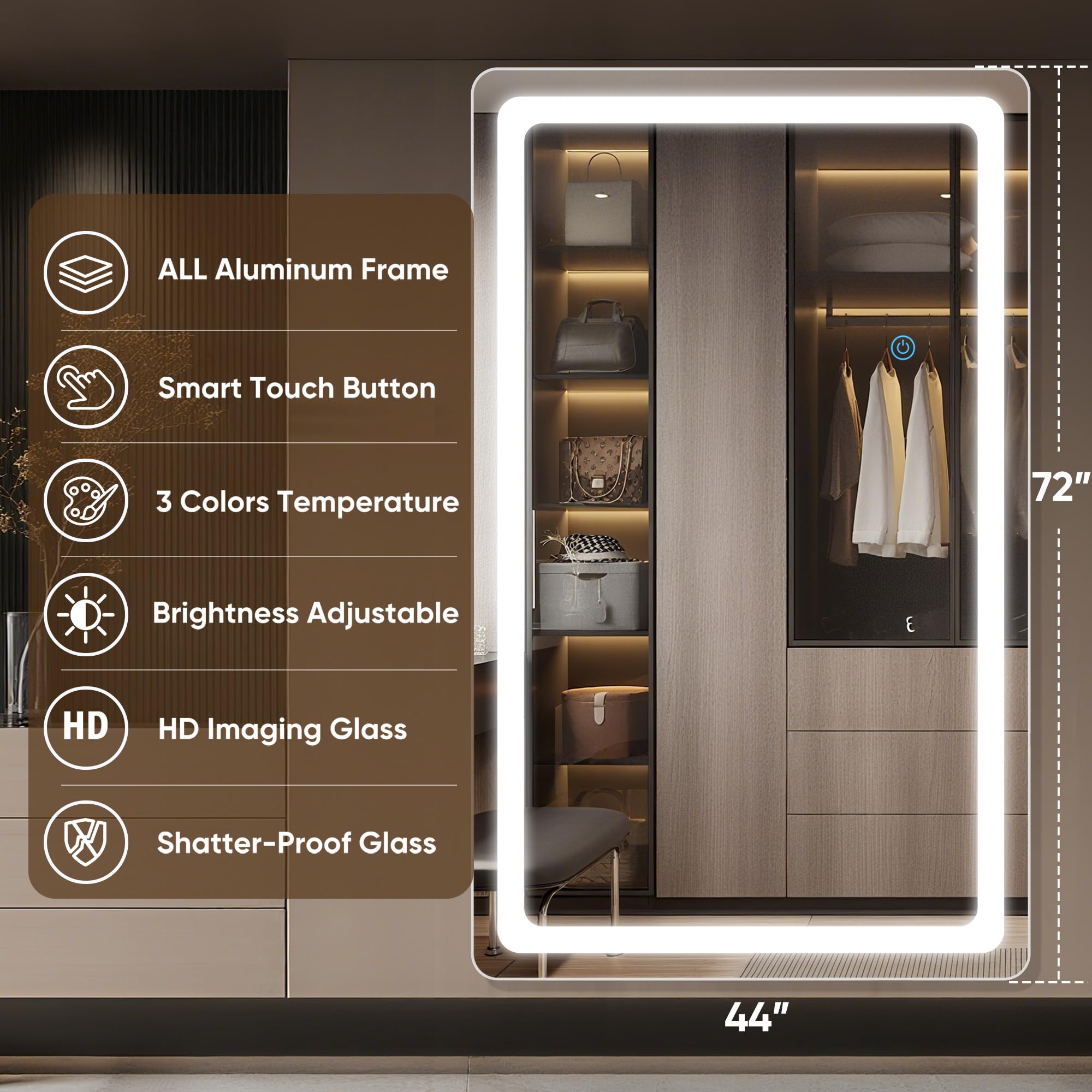 Antok LED Full Length Mirror with Light, 71"x28" Lighted Full Body Mirror with Stand, Dimmable & 3 Color Lighting Standing/Leaning/Wall Mounted Vanity Mirror for Bedroom Cloakroom Livingroom(Rect): 72"L x 44"W Rect Style White
