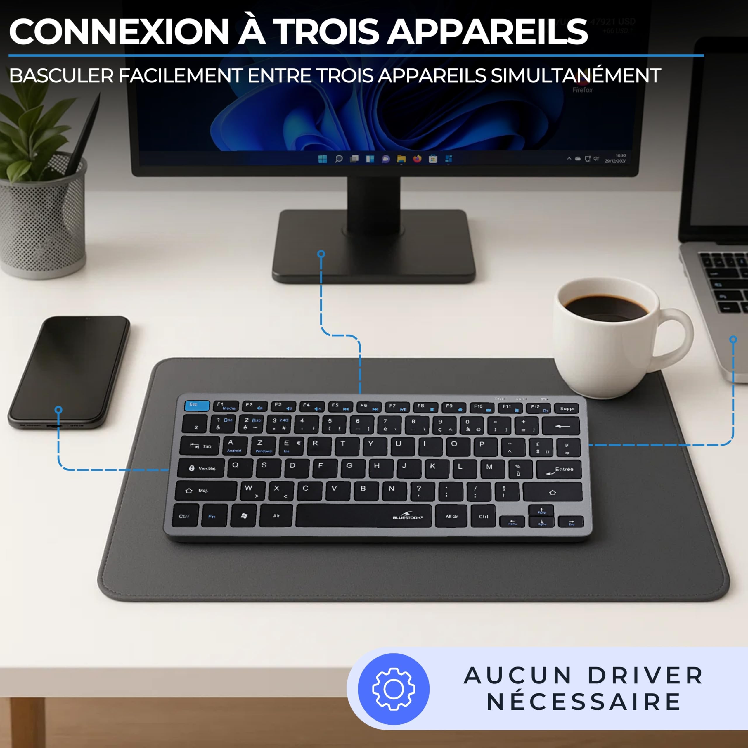 Bluestork Pack Mini V2 - Clavier & Souris sans Fil Rechargeable | AZERTY FR, Sans Fil Double Connexion 2.4GHz & Bluetooth, Clavier Compact + Souris 1600 DPI, 80H Autonomie