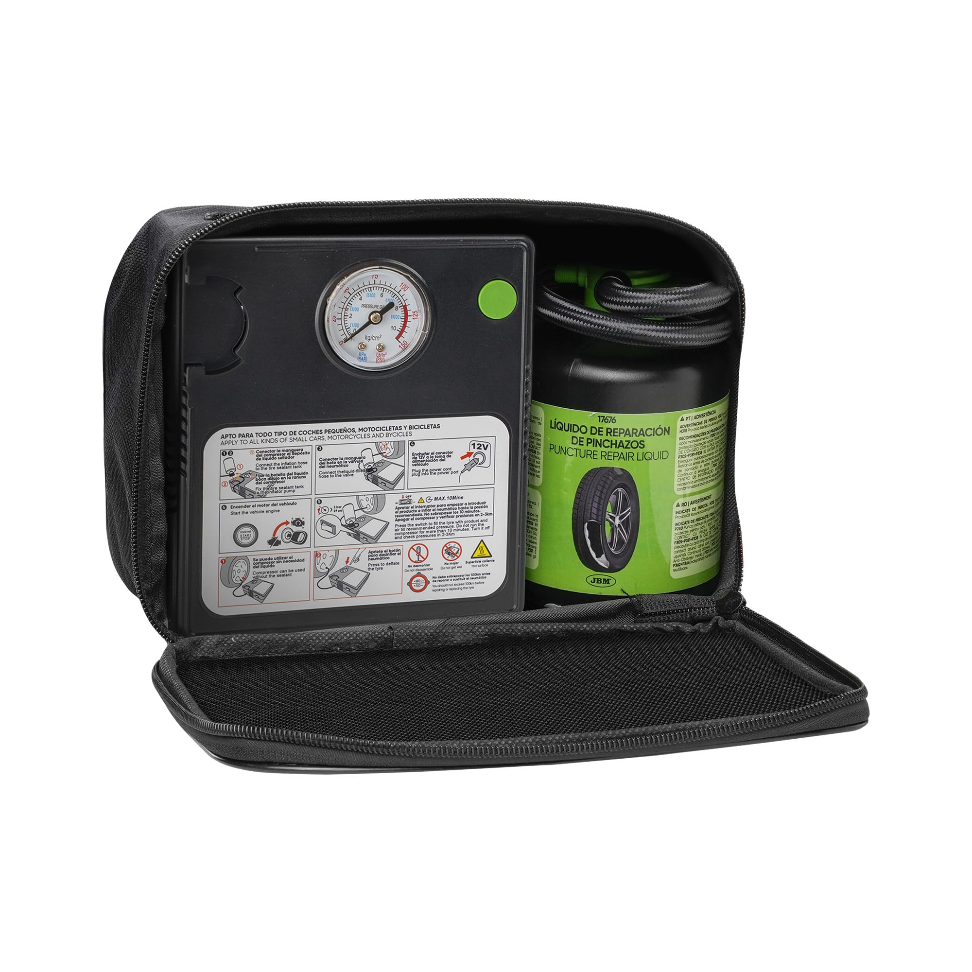 KIT SELLADOR DE PINCHAZOS - LÍQUIDO Y COMPRESOR DE AIRE JBM 54760