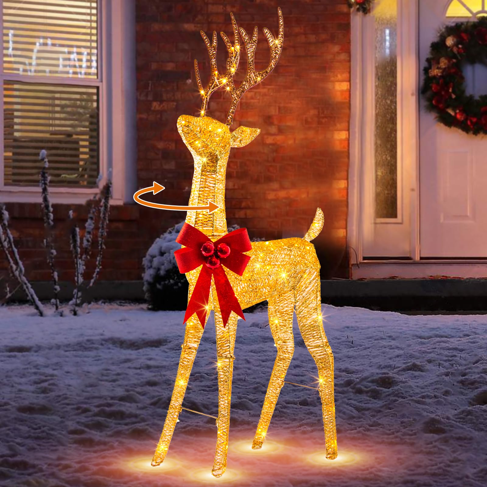 PEIDUO Christmas Reindeer Outdoor Decorations, 5FT Dynamic Reindeer with Auto-Rotary Head, 3D Gold Lighted Deer 100 Warm White LEDs, Plug in Waterproof for Xmas Yard Lawn Porch Outside Decor