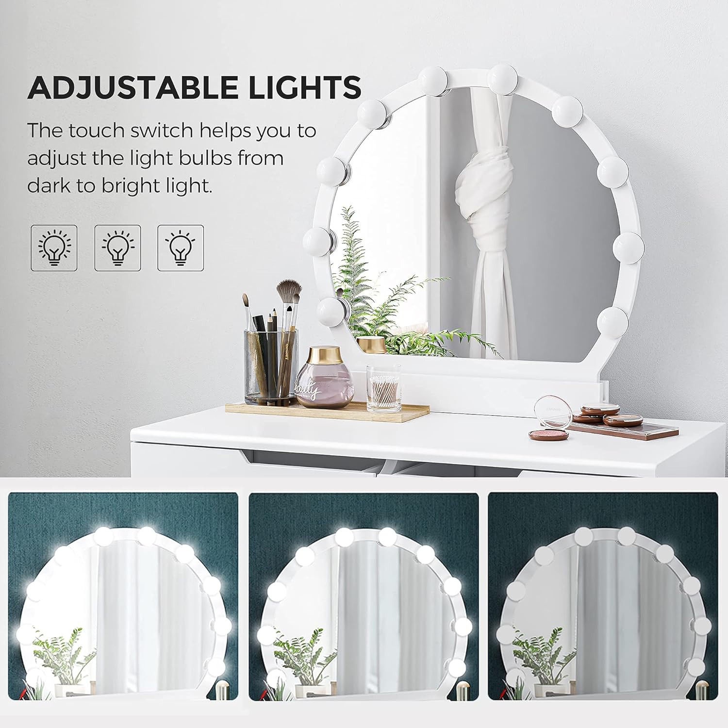Close-up of the vanity mirror showing adjustable lights with touch switch