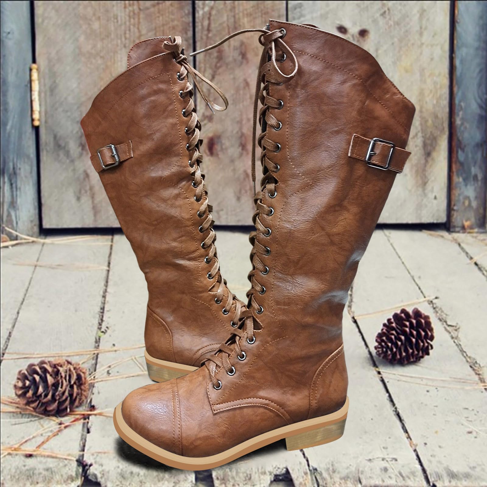 Generisch Botas de equitación de invierno Moda Mujeres Bordado Artificial Flores Suela Gruesa Tacones Encaje Up Mid Botines Redondos Zapatos