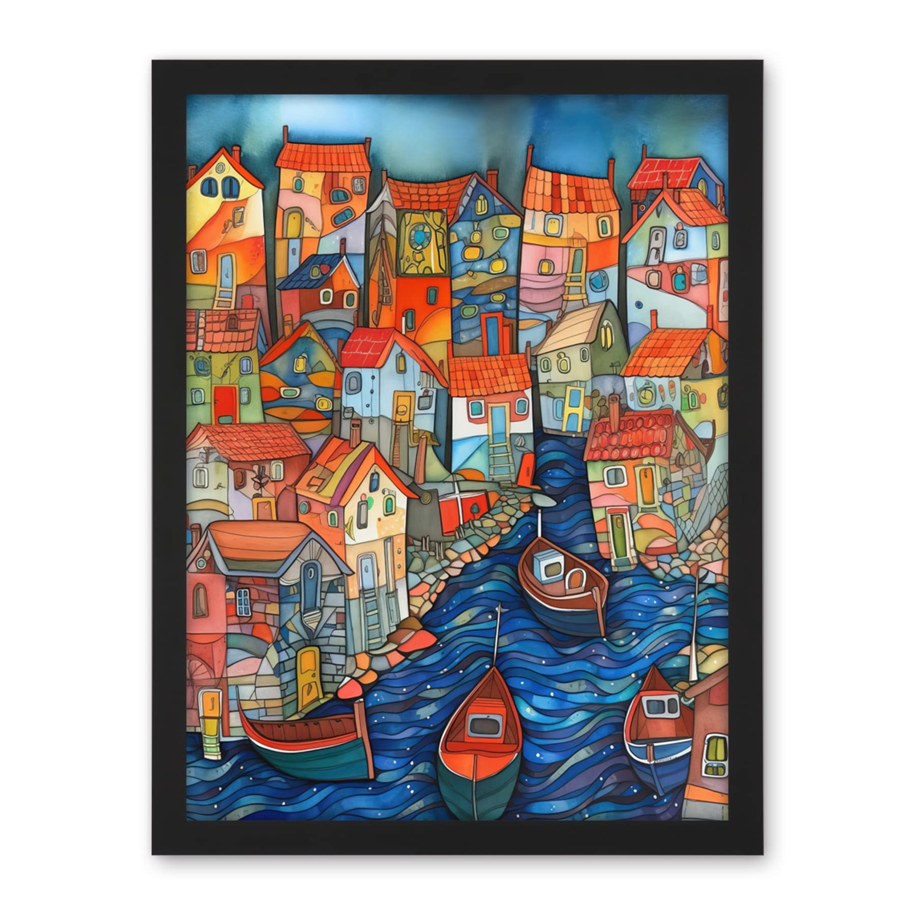Artery8 Fishing Village Canal Folk Art Watercolour Painting Artwork Framed Wall Art Print 18X24 Inch