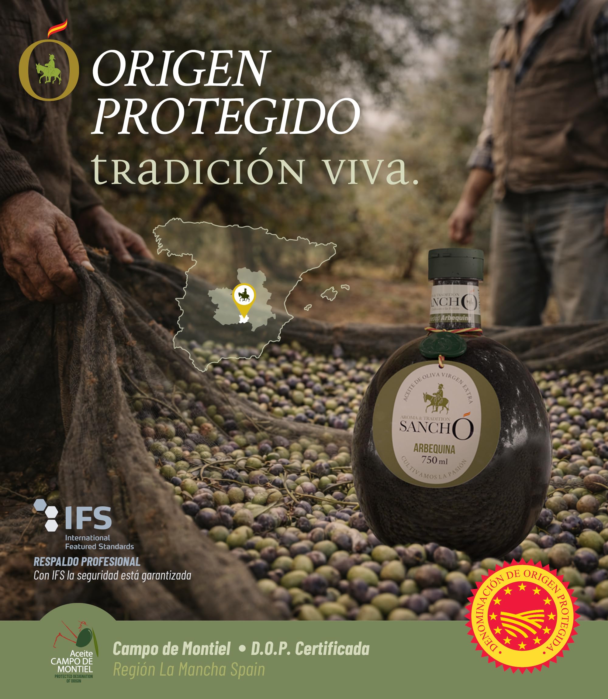 Aceite de oliva virgen extra dúo picual y arbequina pack 2 x 750 ml botella plástico | aove gourmet extraído en frío | aceite premium español cocina diaria | sancho la mancha, dop campo de montiel.
