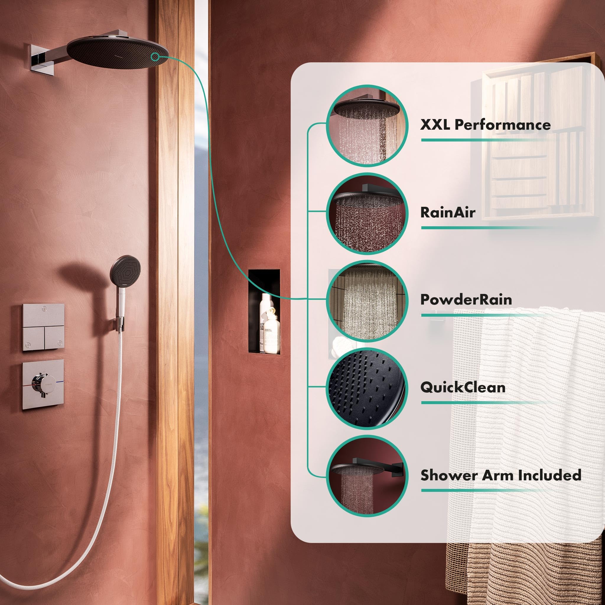 hansgrohe Raindance Alive S - wassersparende Kopfbrause (EcoSmart) mit Brausearm, Duschbrause, Regendusche mit 2 Strahlarten für Wandmontage, Brausekopf, Antikalk-Funktion, Mattschwarz, 24541670