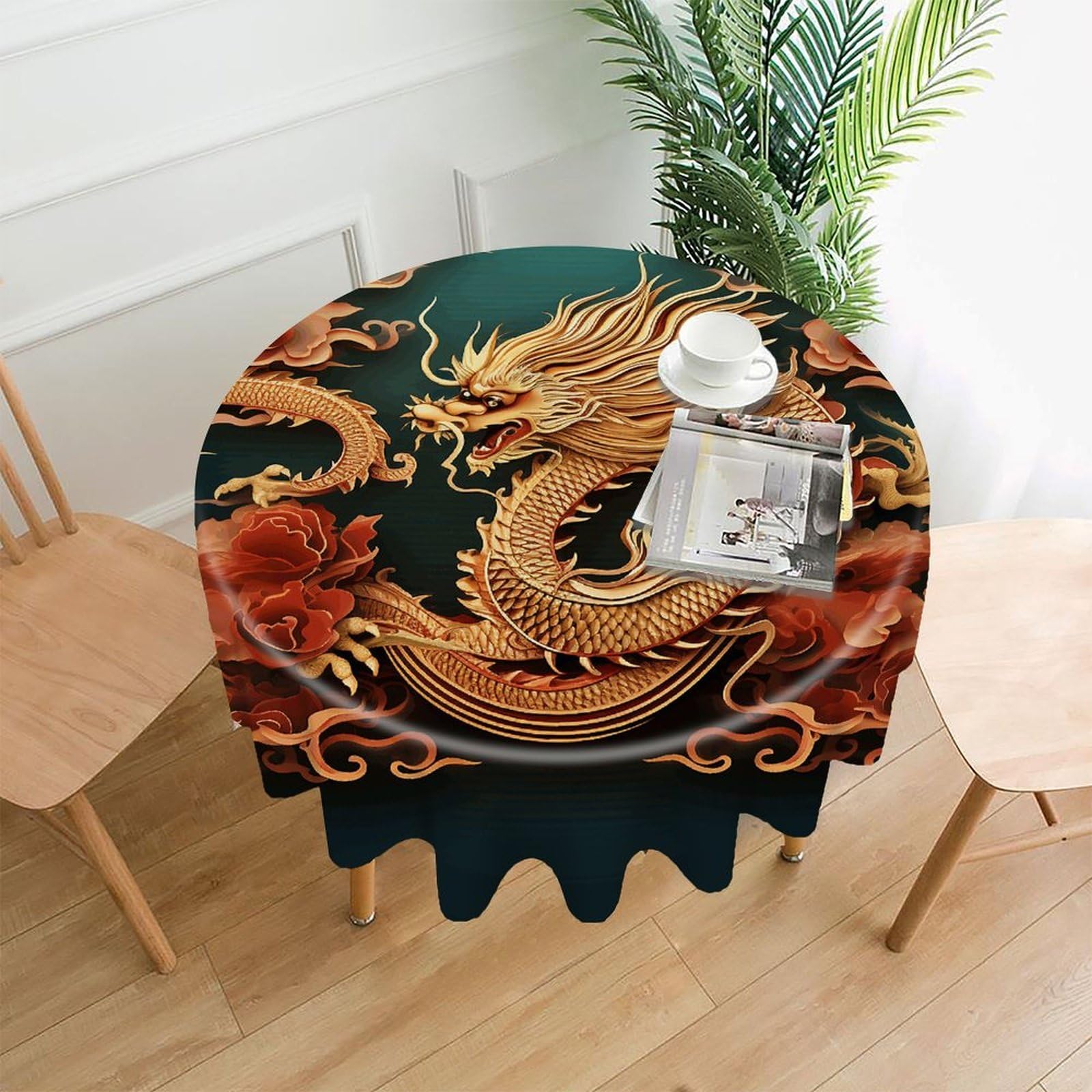 VstaDank Dragon Chinese Background Tablecloth Easy to Clean Polyester Round Table Cover Washable Round Table Cloth Wrinkle-Free Circle Decoration Tablecloth for Kitchen Dining Room 60"