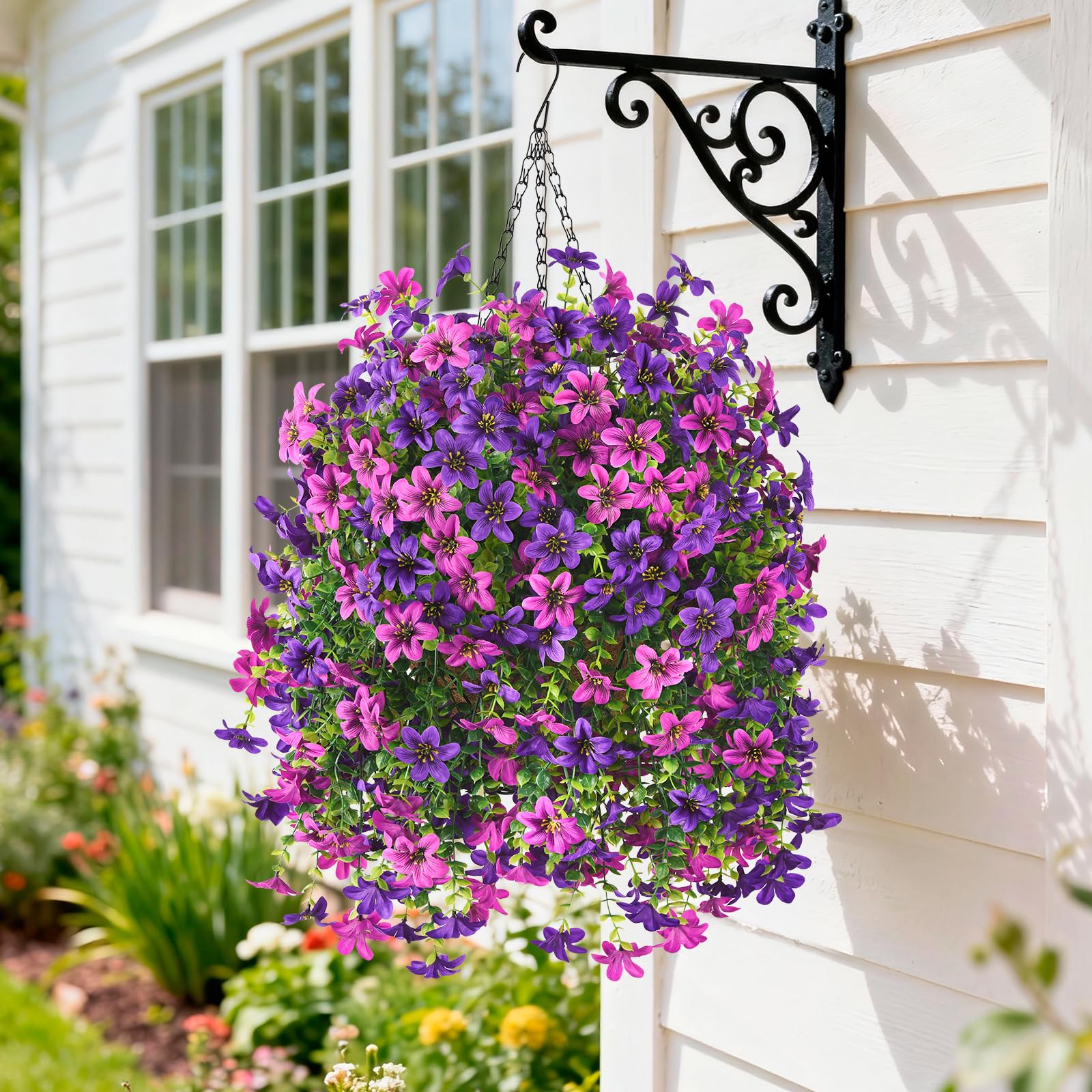 Artificial Hanging Baskets Outdoor, 4 Bundles Artificial Hanging Flowers Outdoors Spring Summer Decoration, No Fade Realistic Fake Hanging Baskets for
